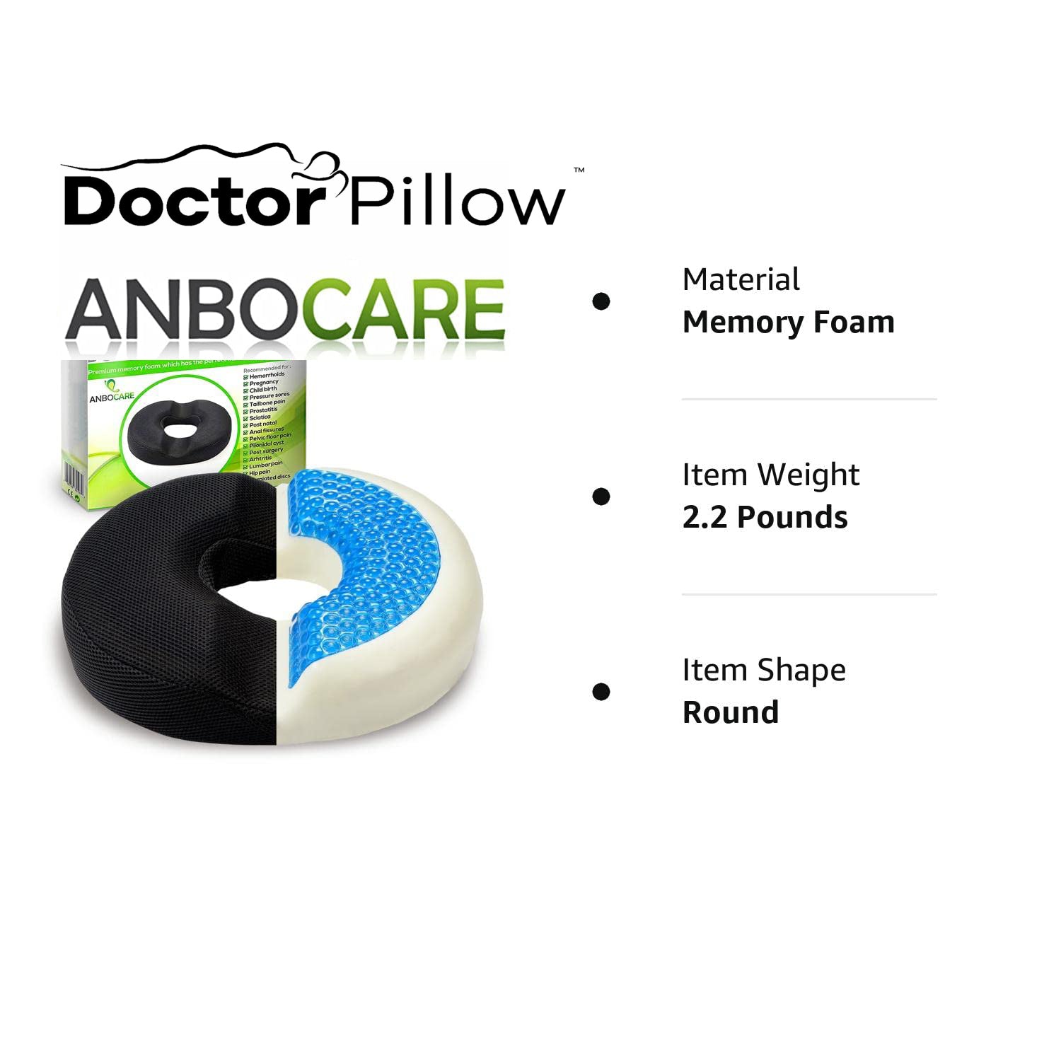Dr. Pillow Anbocare Orthopedic Donut Seat Cushion - Pressure Relief for Tailbone Pain, Hemorrhoids & Post-Surgery Recovery - Perfect for Office Chairs, Car Seats & Wheelchairs