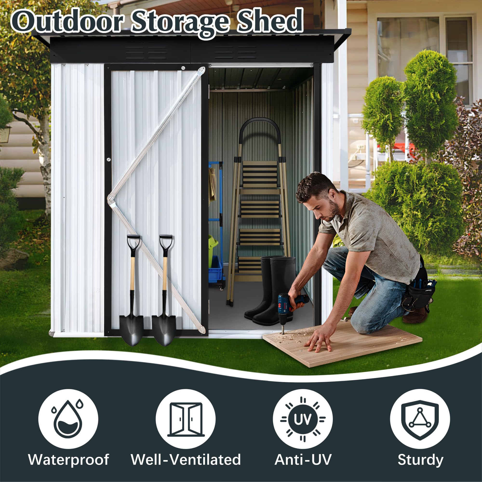 5 x 3 FT Outdoor Metal Storage Shed with Lockable Double Doors - Waterproof Galvanized Steel Garden Shed for Backyard, Patio, Lawn & Outdoor Use - Perfect for Storing Tools, Equipment & Seasonal Items (White)