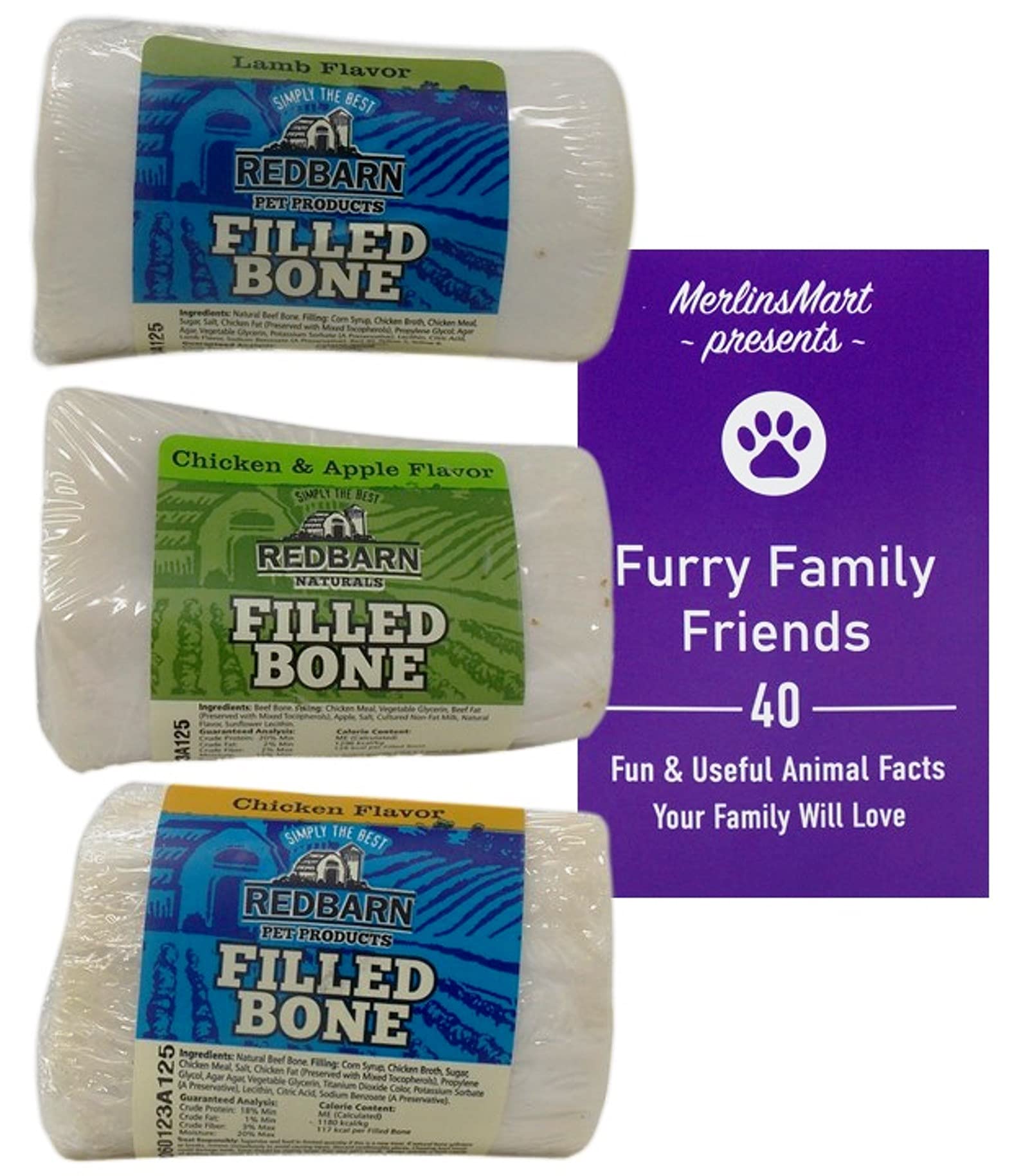 Redbarn Filled Bones Dog Treats 3 Flavor Variety Pack - Small Size (3.5oz) - Lamb, Chicken Apple & Chicken Flavors - Includes Fun Animal Facts Booklet - Perfect for Training, Chewing & Dental Health