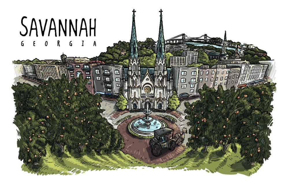 Savannah Georgia Peach Trees Line Drawing - 24x36 Signed Art Print, Wall Decor Poster for Living Room, Bedroom & Office