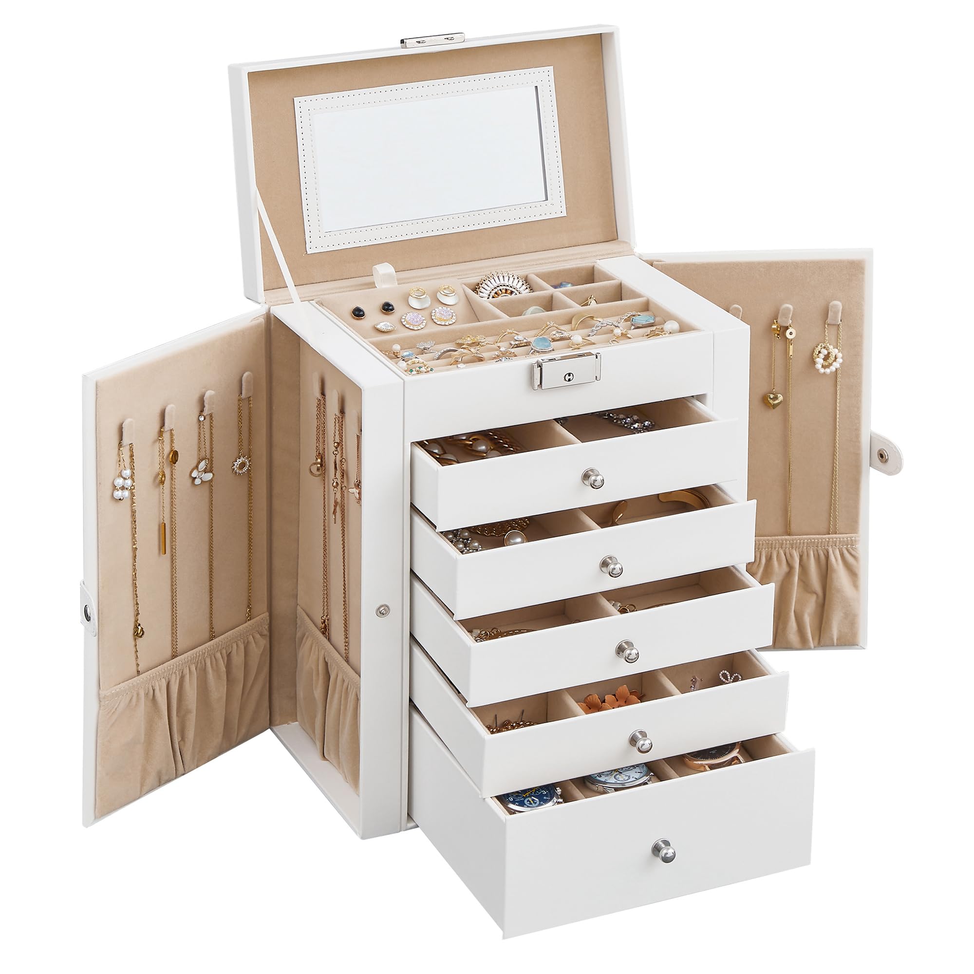 SONGMICS 6-Tier Jewelry Organizer Box with Mirror & Lock - 5 Drawer Large Capacity Watch & Jewelry Storage Case, Perfect Gift for Women - Ideal for Bedroom Vanity, Travel & Wedding Jewelry Organization (White UJBC152W01)