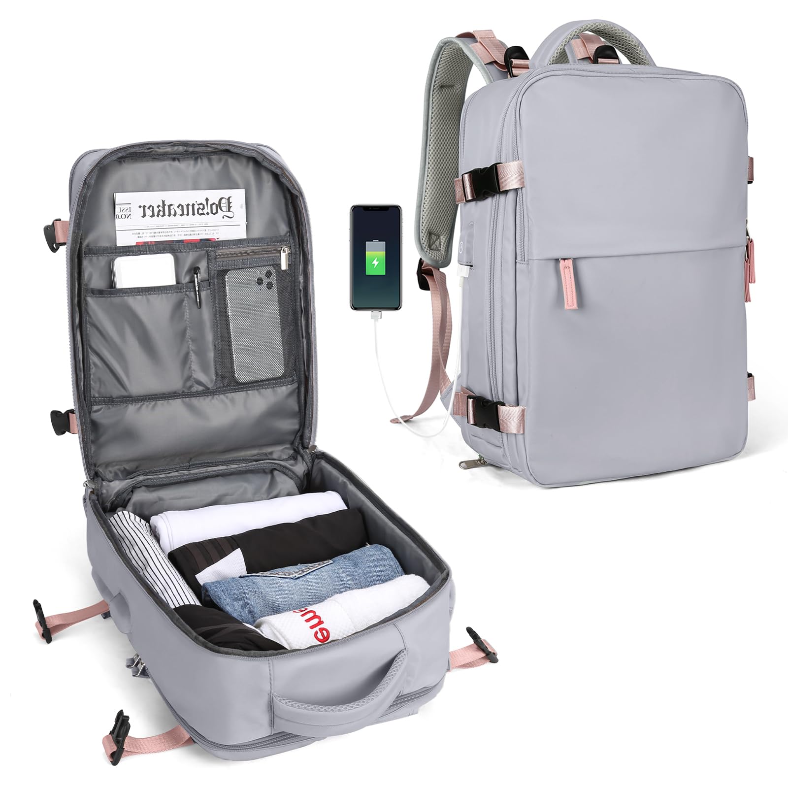 SEAFEW Women's Travel Backpack - 15.6 Inch Flight Approved Carry On Backpack, Waterproof Hiking Daypack & Business Laptop Bag for Outdoor, Commuting & Air Travel - B4 Grey Purple