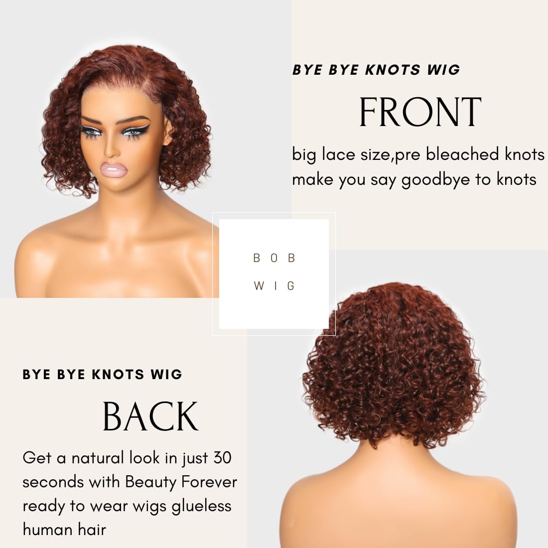 Beauty Forever 12 Inch Curly Glueless Human Hair Wig - 7x5 Bye Bye Knots Wear & Go Bob Wig in Reddish Brown 33B | Pre Plucked HD Lace Short Curly Wig for Women (150% Density) - Perfect for Daily Wear, Cosplay & Special Occasions