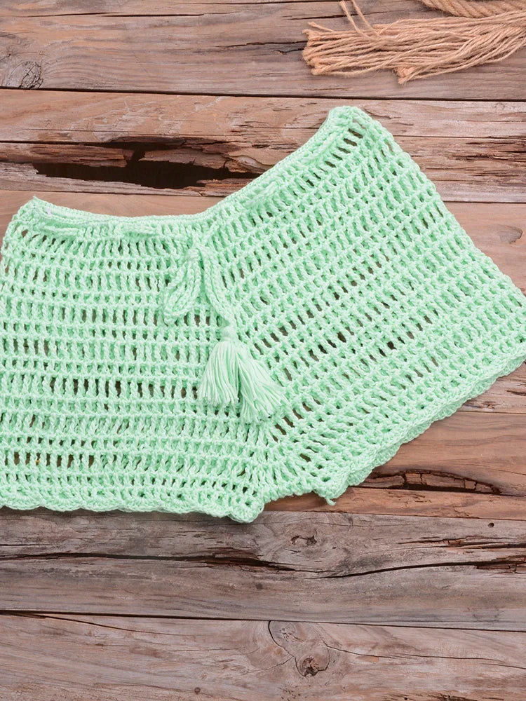 Crochet Hollow Out Tassel Beach Cover Up - Sexy Women's Mini Top Bikini Swimwear Bathing Suit Cover Up for Summer Vacation, Pool Party & Beach Day