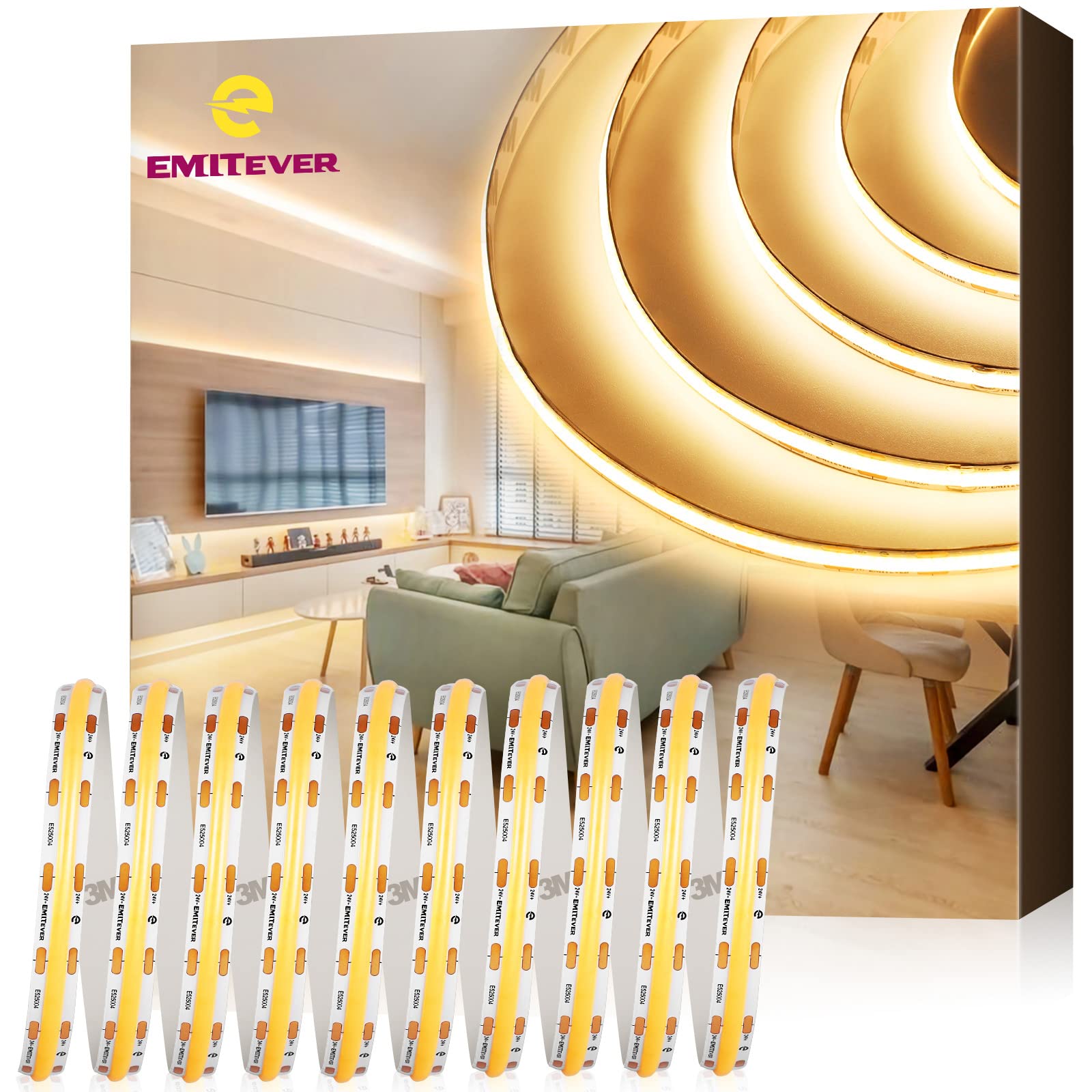 EMITEVER COB LED Strip Lights Warm White 3000K - 25ft High Density Tape Light, 24V DC, 300+ Lumens/ft, 3600 LEDs/Spool, Ra 90+, 3W/ft, UL Listed with 5-Year Warranty (Power Supply Sold Separately) - Perfect for Home, Kitchen, Bedroom, and Commercial Lighting