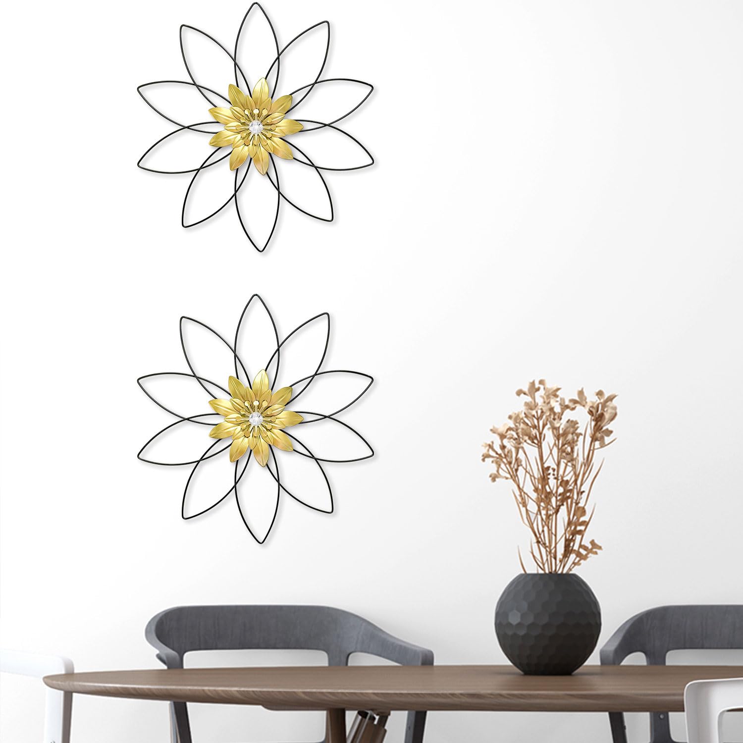 2 Pack Black Metal Flower Wall Decor Sculpture - Elegant Patio, Balcony, Living Room, Bathroom, Bedroom & Dining Room Wall Art - Perfect for Home & Office Decor