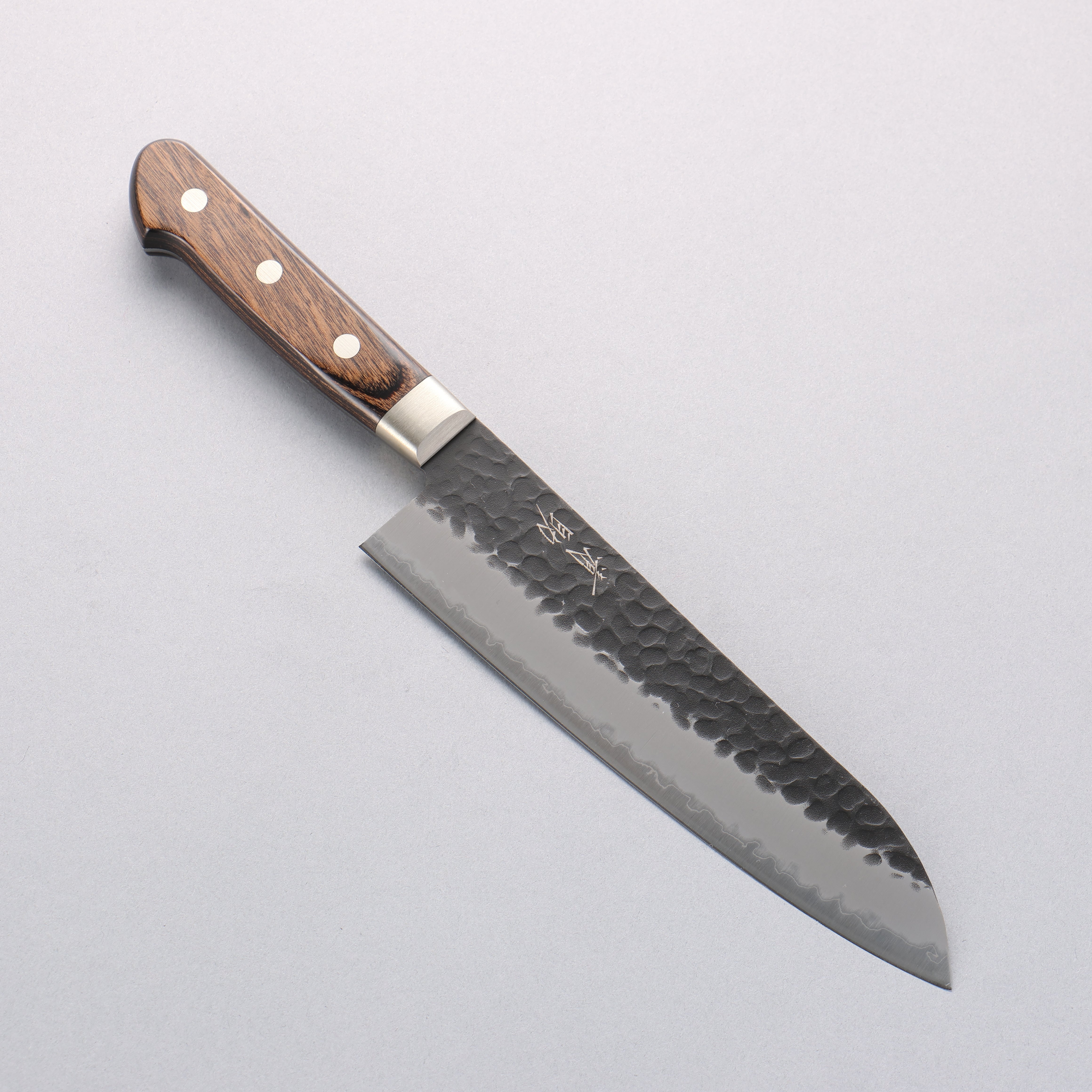 Seisuke Blue Super Hammered Santoku Knife 180mm - Black Finish, Brown Pakkawood Handle - Japanese Kitchen Knife for Slicing, Dicing, and Chopping Vegetables, Meat, and Fish