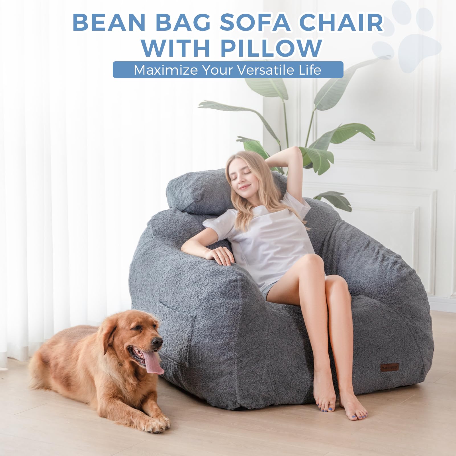MAXYOYO Giant Bean Bag Chair with Pillow - Extra Large Fuzzy Comfy Bean Bag for Adults & Kids, Beige - Perfect for Living Room, Bedroom, Game Room & Dorm Relaxation