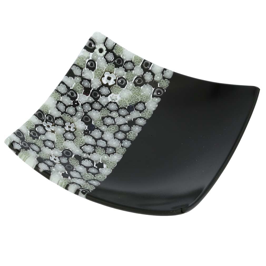 Venetian Murano Millefiori Glass Square Plate - Handcrafted Black & White Italian Art Piece for Home Decor, Wedding Gift or Collector's Item