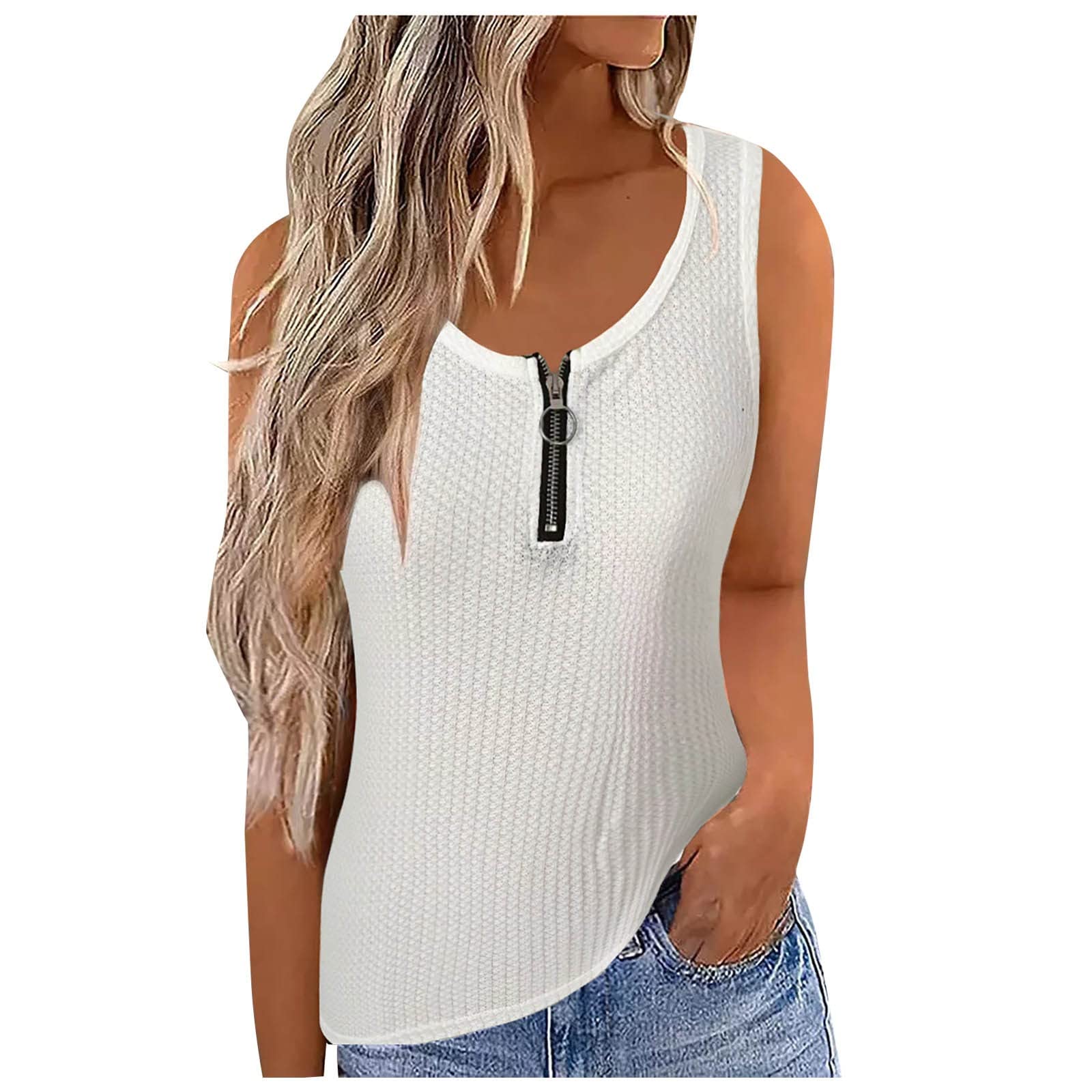 YZHM Women's Waffle Knit Zip-Up Tank Top - White Scoop Neck Sleeveless Blouse for Casual & Dressy Outfits | Perfect for Layering, Summer Wear & Office Fashion
