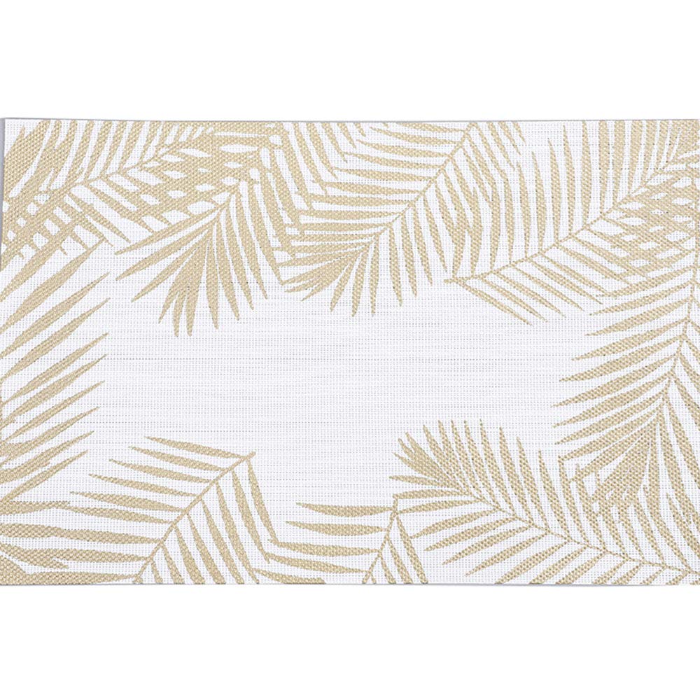 Golden Tropical Leaves Printed PVC Placemats Set of 4 - Waterproof, Heat Resistant & Non-Slip Table Mats for Dining - 17.7 x 11.8 Inch (White) - Perfect for Beach House, Boho Kitchen, Summer Parties & Outdoor Entertaining