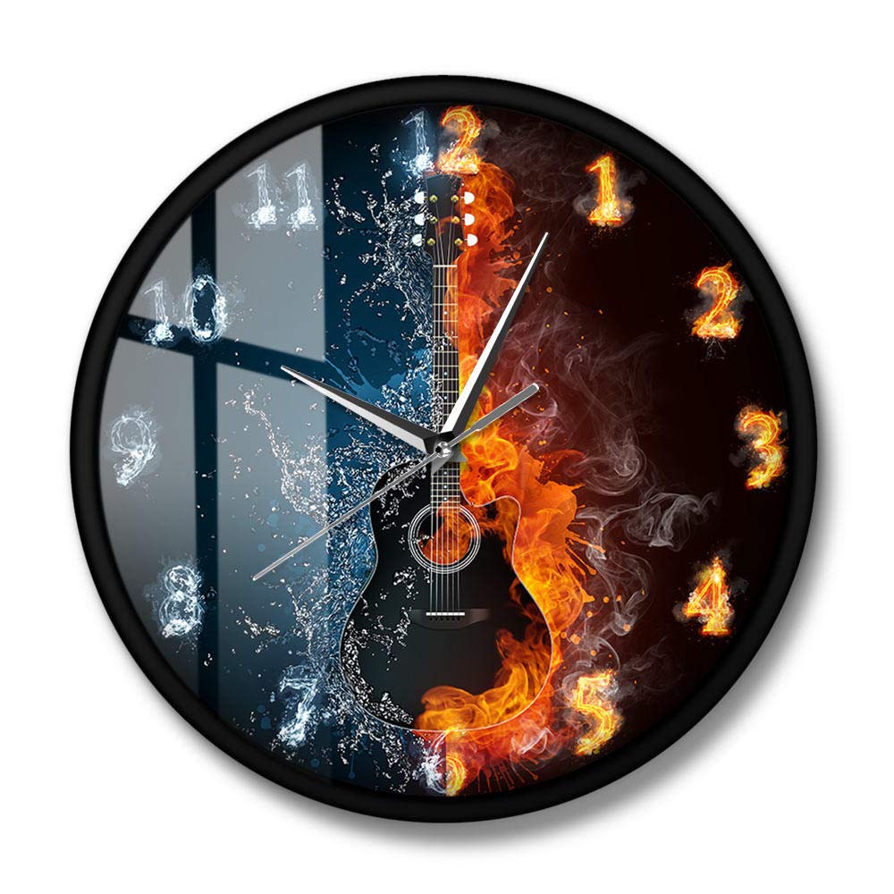 Half Water Half Fire Acoustic Electric Guitar Wall Clock - Unique Musical Instrument Decor for Guitar Players - Metal Frame Wall Art - Perfect for Music Room, Studio & Guitar Lover Gifts
