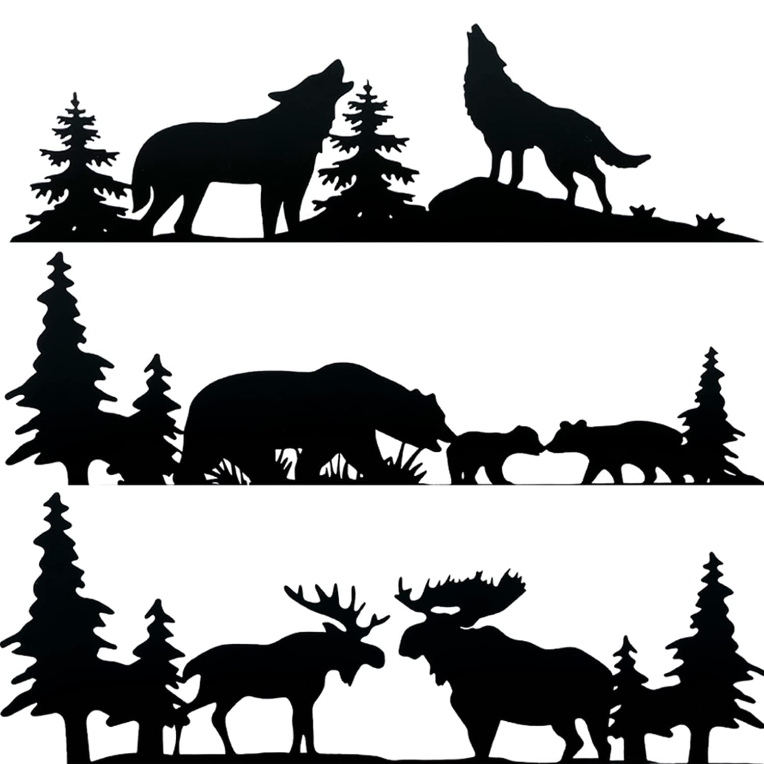 SOFFEE DESIGN Set of 3 Forest Themed Floating Shelves - Wooden Wall Decor with Metal Bear, Wolf & Deer Pine Pattern (Black Finish) - Perfect for Living Room, Bedroom or Nursery Decoration
