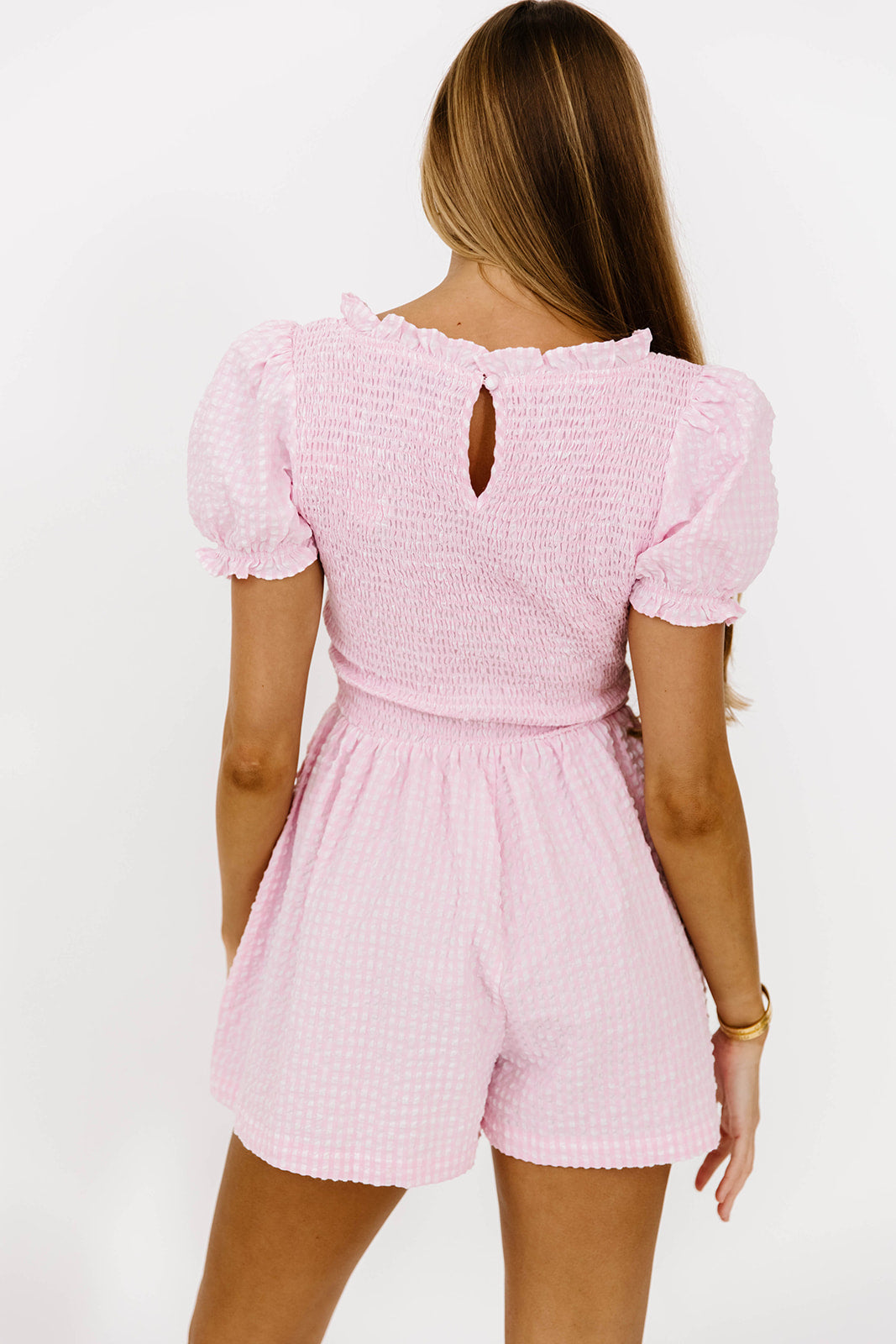 Tilly Gingham Seersucker Romper for Women - Pink Summer Jumpsuit with Ruffles | Perfect for Beach Vacations, Picnics & Outdoor Parties