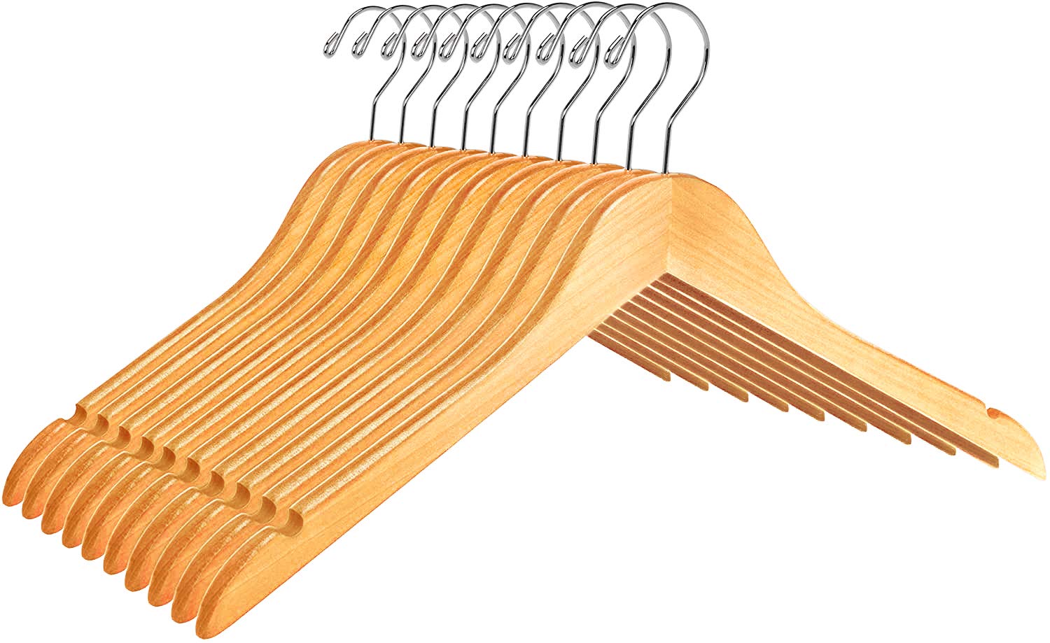 Premium Solid Wood Semi-Curved Suit Hangers - 10 Pack with Swivel Hook for Jackets, Pants & Dresses | Smooth Finish Natural Wood Closet Organizers | Perfect for Home, Office & Travel Wardrobe Storage