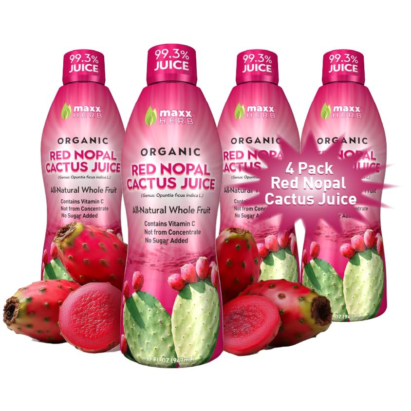Organic Nopal Cactus Juice & Prickly Pear Juice - Antioxidant Superfruit for Digestion & Joint Support | Vegan, Non-GMO, 4 Bottles (32oz Each) | Perfect for Smoothies, Detox Drinks & Immune Boosting