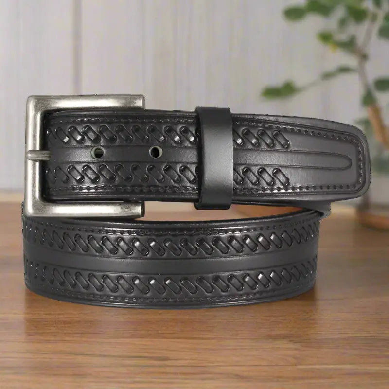 Keldon Genuine Leather Men's Whipstitch Tooled Belt with Removable Buckle - Western Style Fashion Accessory for Jeans, Workwear & Cowboy Boots