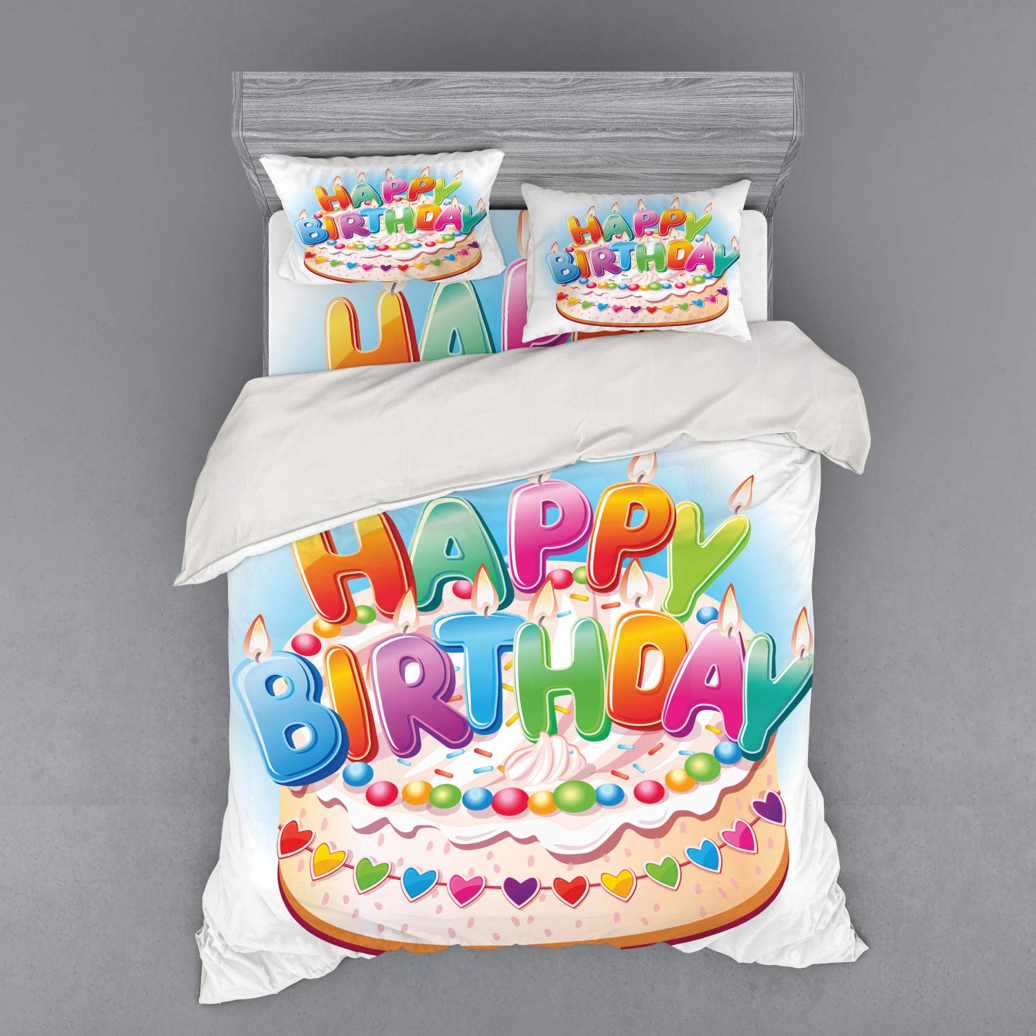 Ambesonne Birthday Party Duvet Cover Set - Cartoon Style Happy Birthday Design with Cake, Candles & Hearts - 4 Piece Queen Size Bedding Set with Shams & Fitted Sheet - Perfect for Birthday Celebrations, Kids Room Decor & Themed Bedroom Makeovers