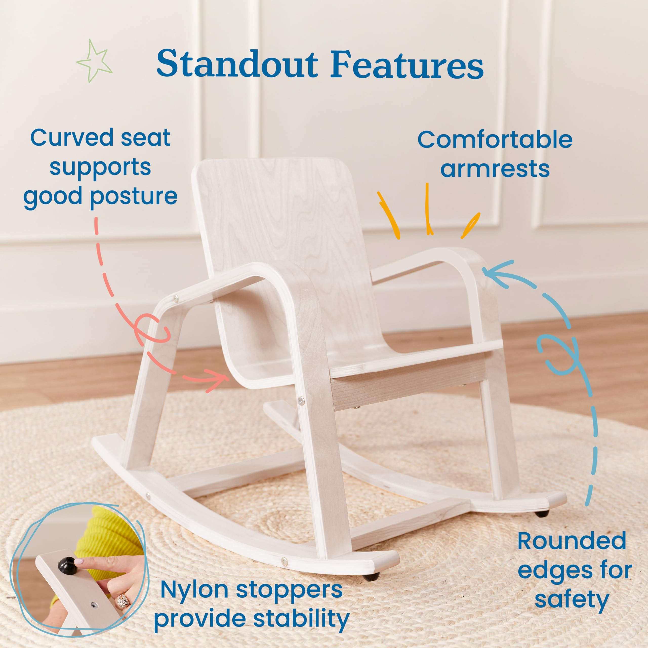 ECR4Kids Bentwood Rocking Chair for Kids - Natural Wood Toddler Rocker with White Wash Finish | Perfect for Nursery, Classroom, or Playroom Furniture