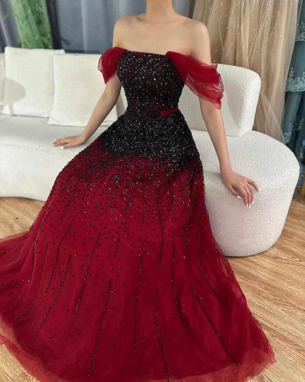 2025 Serene Hill Beaded Bling A-Line Evening Gown - Elegant Wine Red Gradual Change Luxury Dress for Women | Perfect for Parties, Galas & Formal Events