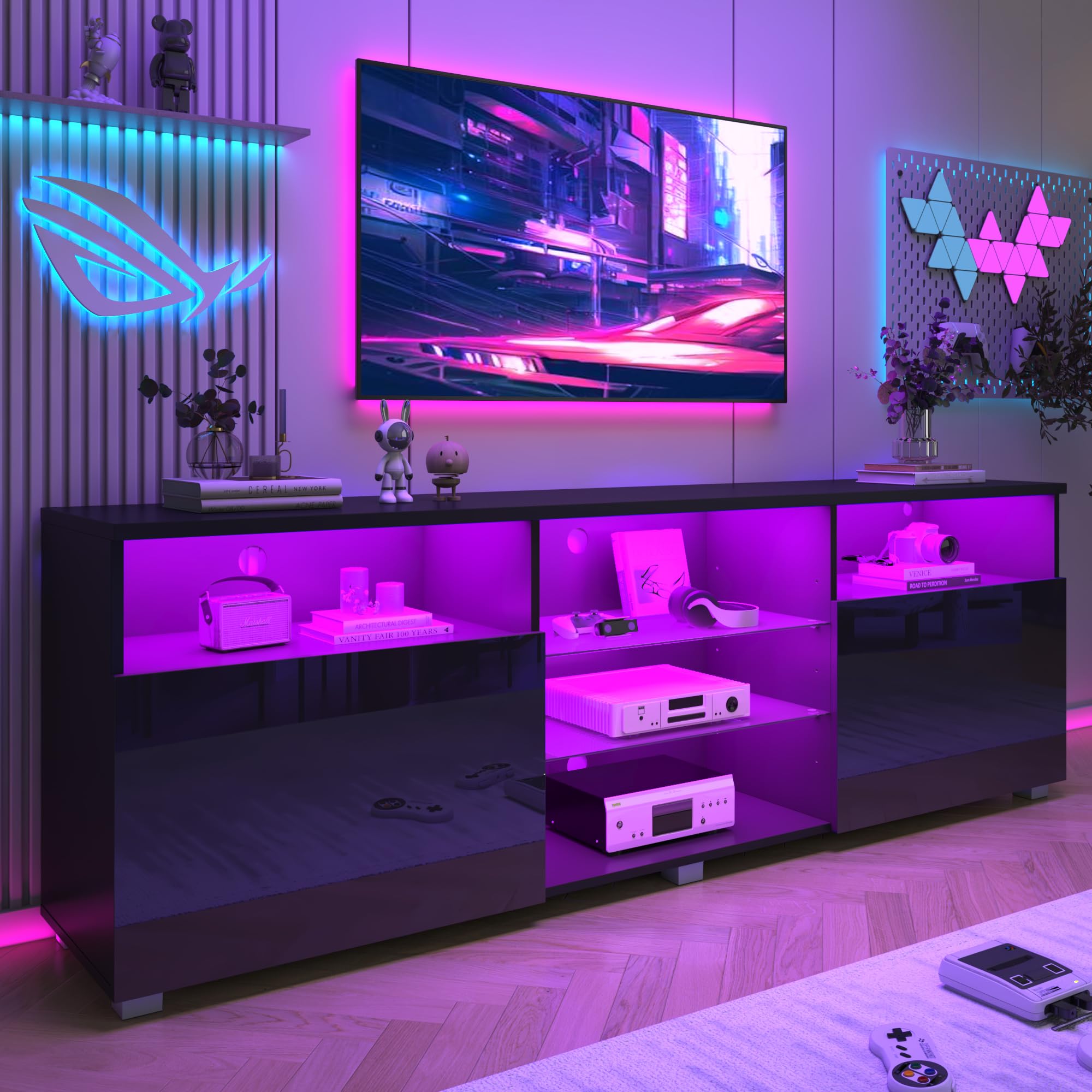 Vinctik 70 inch Modern LED TV Stand for 75/80 inch TVs - High Glossy Entertainment Center with Storage Drawers, APP-Controlled RGB Lighting - Smart TV Cabinet for Living Room (71in Black) - Perfect for Home Theater & Gaming Setup