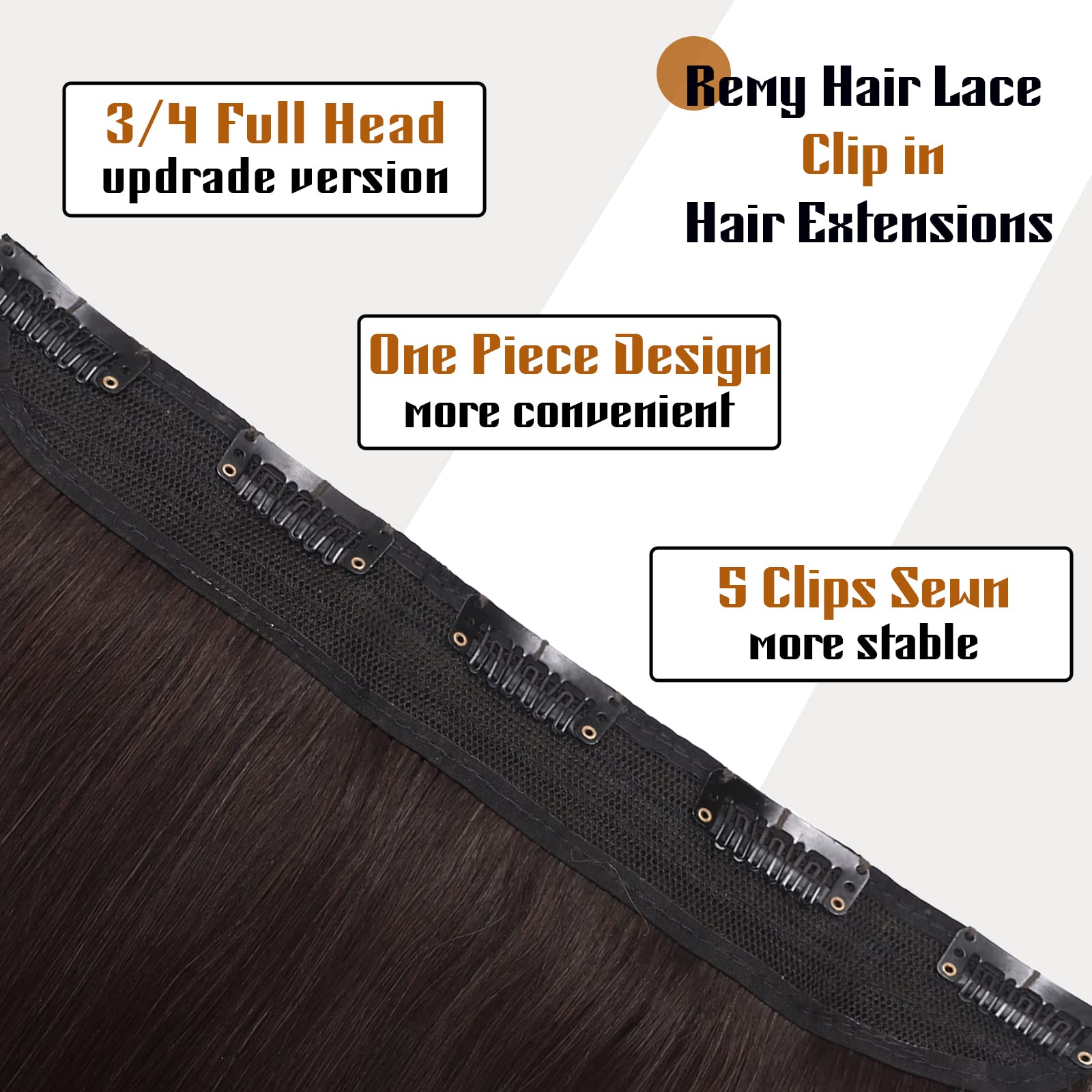 Benehair Dark Brown Clip in Hair Extensions 16 Inch Straight 3/4 Full Head One Piece with 5 Clips - 100% Real Human Hair for Women with Thinning Hair (#2 Dark Brown) - Perfect for Daily Styling, Volume Boosting & Special Occasions