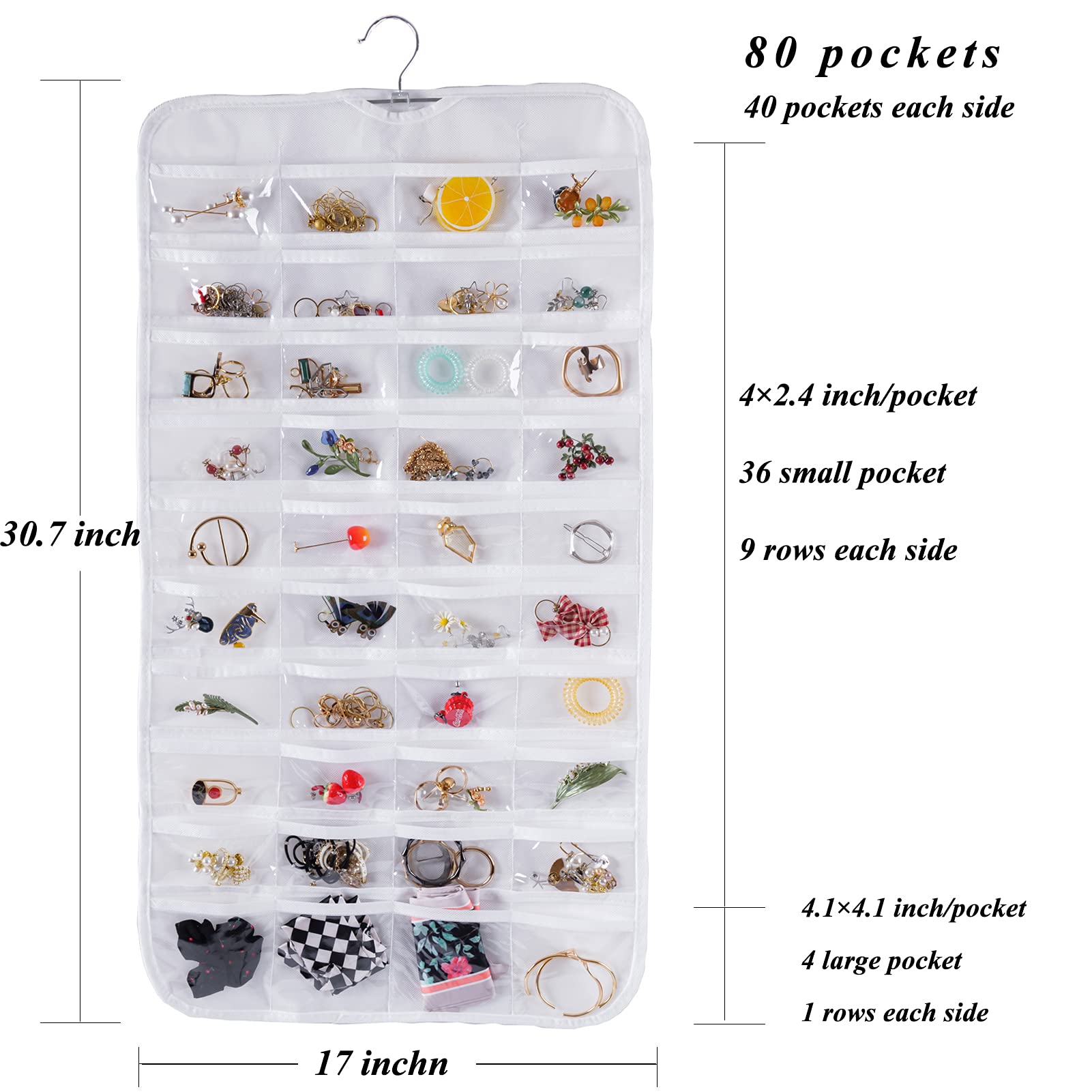 Double Sided 80 Pocket Jewelry Organizer - Bloss Hanging Jewelry Storage Bag with 2 Fabric Layers for Necklaces, Bracelets, Earrings & Rings | Perfect for Travel, Home Closet & Craft Room Organization (Black/White)