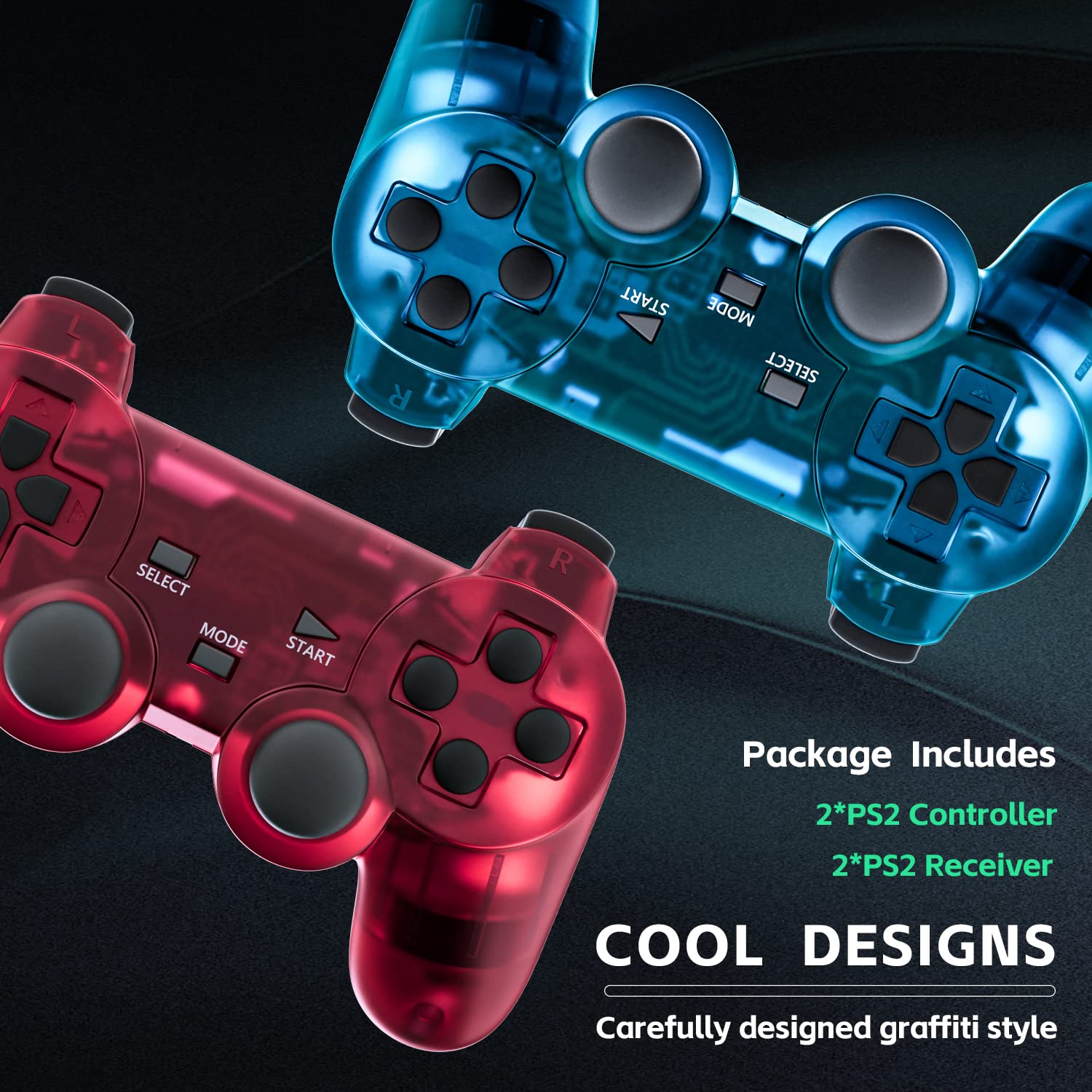 Burcica Wireless Controller for PS2 Playstation 2 - Dual Vibration Gamepad with Clear Blue & Clear Red Options - Perfect for Gaming, Retro Console Enthusiasts & Multiplayer Sessions
