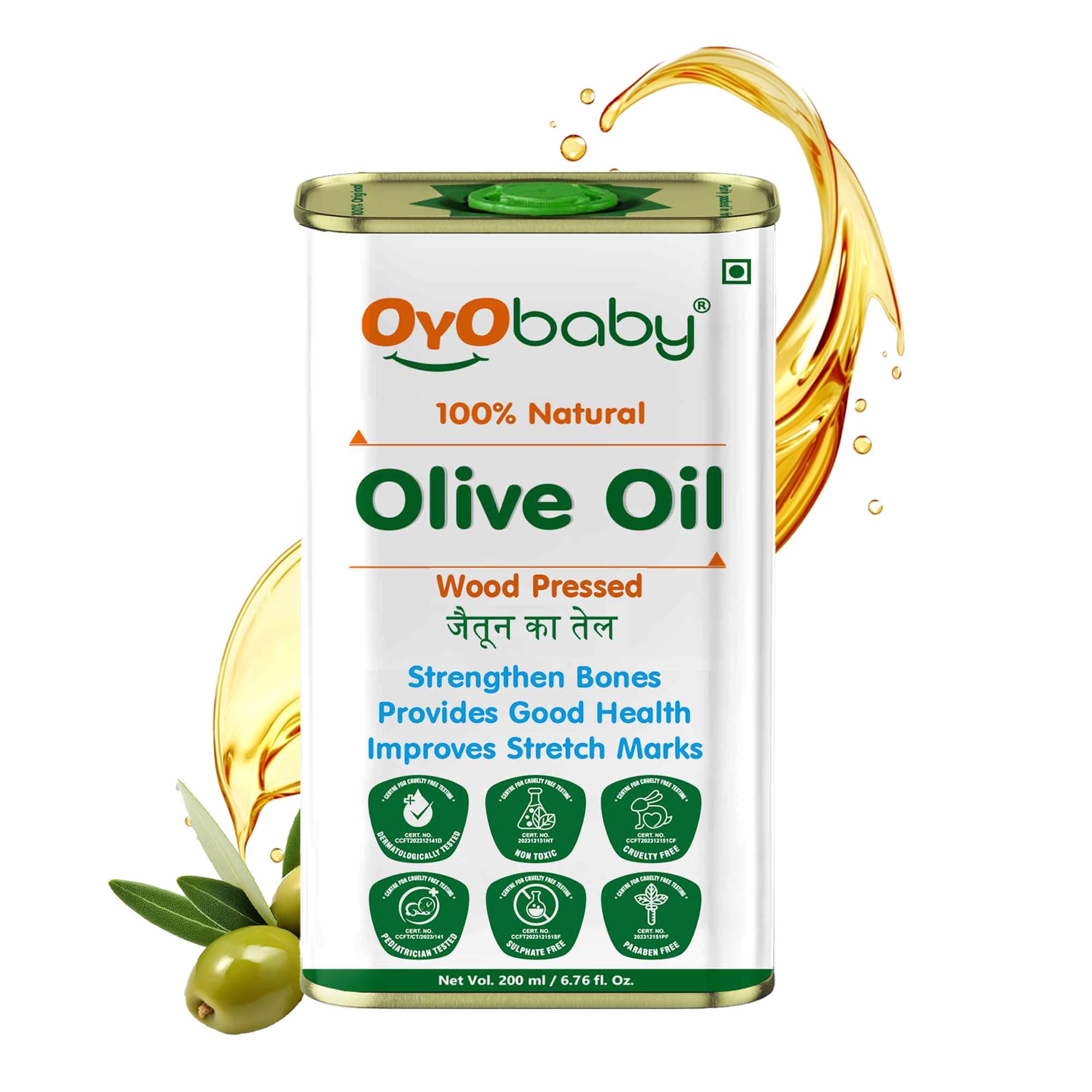 OYO BABY 100% Pure Natural Olive Massage Oil for Babies - 200ml | Wood Pressed Baby Hair Oil | Promotes Stronger Bones & Muscle Growth | Ideal for Infant Massage, Skin Hydration & Hair Care
