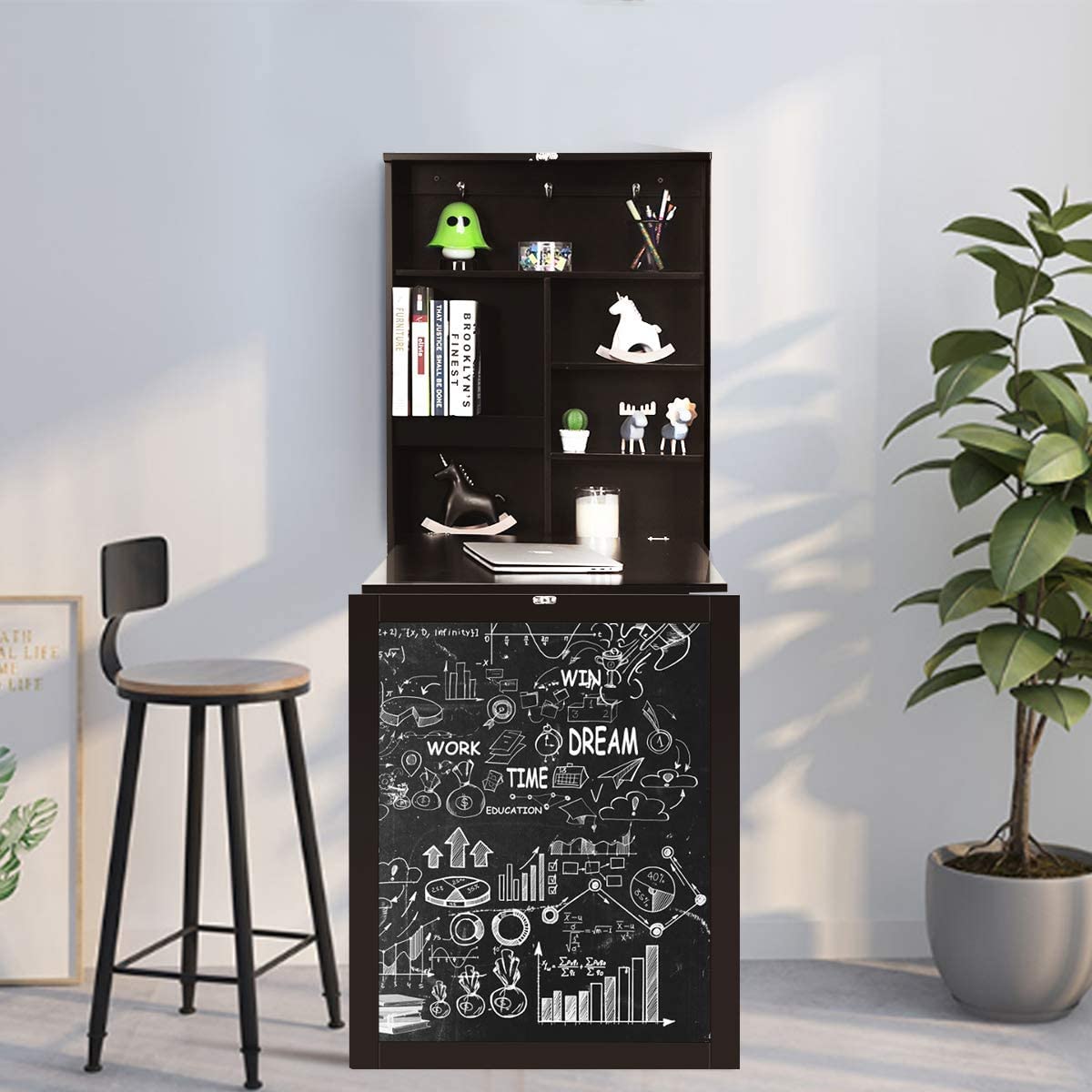 GRAFFY Wall Mounted Folding Desk with Chalkboard - Space Saving Floating Desk with Storage Shelves & Hooks, Multi-Functional Home Office Computer Desk & Laptop Workstation (Brown) - Perfect for Small Spaces, Apartments & Dorm Rooms