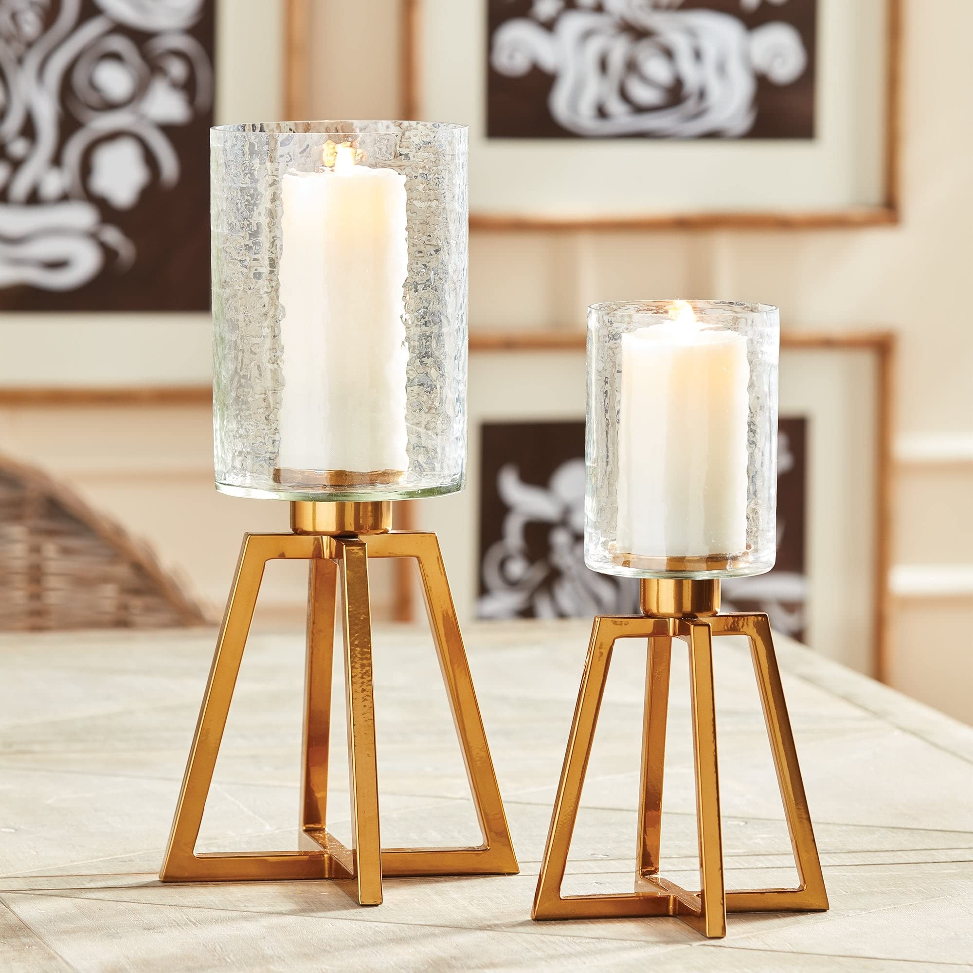 Modern Contemporary Small Gold Iron Hurricane Lantern - Perfect for Outdoor Patio, Garden, and Camping Decor