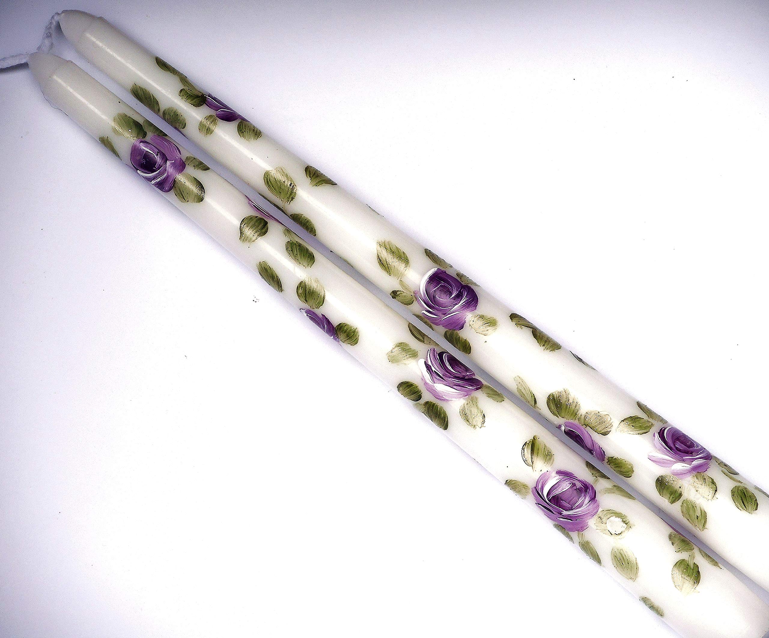 Hand-Painted Lavender Rose Taper Candles - 12 Inch Dripless Decorative Candles for Romantic Dinner, Wedding Centerpiece & Spring Home Decor