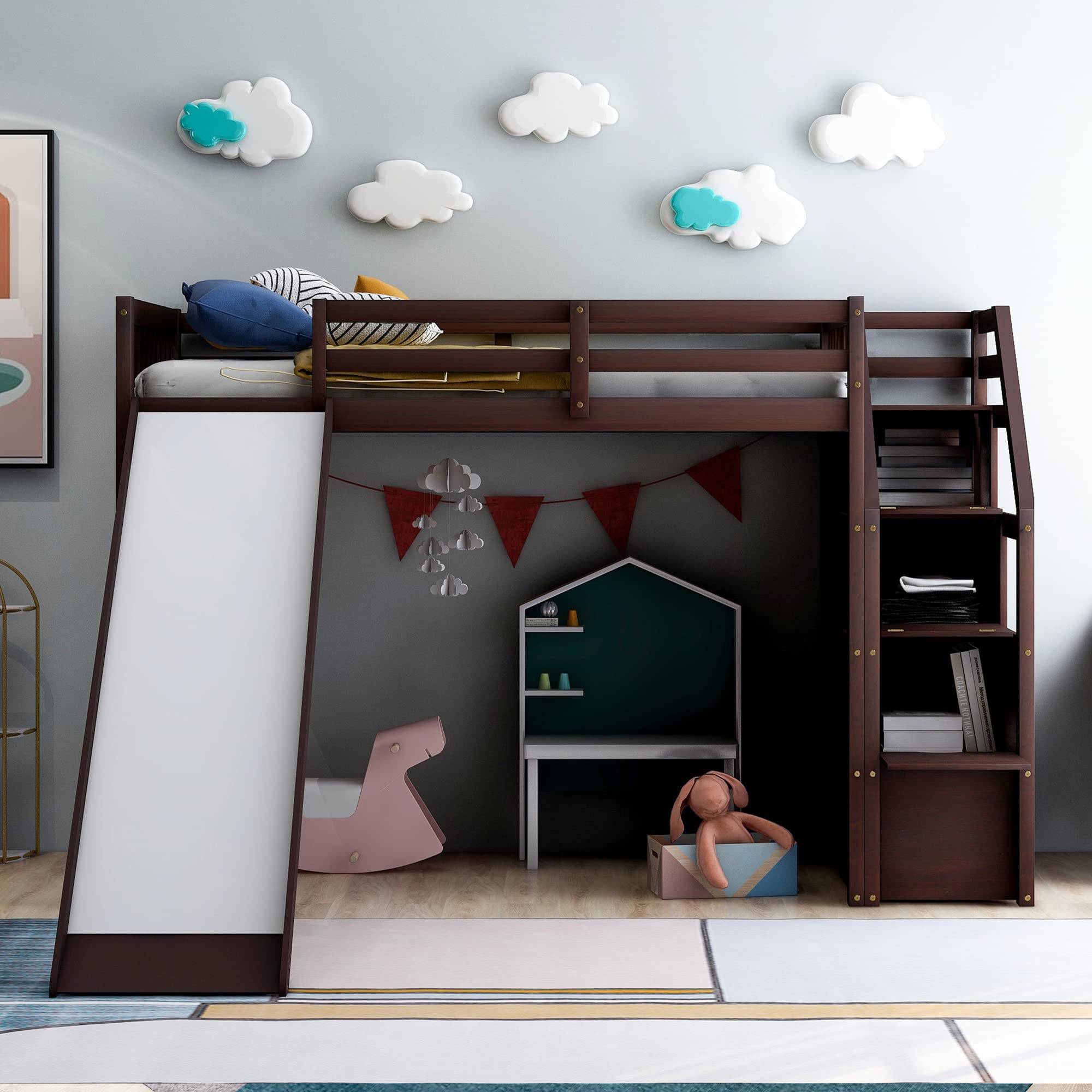 P PURLOVE Twin Size Loft Bed with Storage & Slide - Kids Bunk Bed for Boys & Girls, Espresso Finish - Perfect for Small Bedrooms, Playrooms & Dorm Rooms