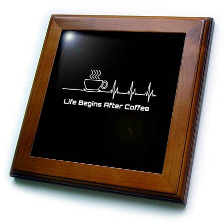 3dRose 8x8 Framed Tile - Funny Coffee Lover Design 'Life Begins After Coffee' - Creative Studios - Perfect for Kitchen, Office Decor & Coffee Enthusiast Gifts