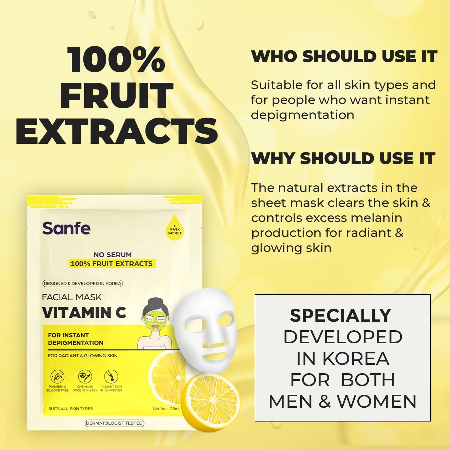 Instant Brightening Vitamin C Facial Mask - 100% Natural Fruit Extracts for Radiant & Glowing Skin | Korean Skincare Sheet Mask (3 Pack) | Perfect for Daily Use, Spa Nights & Travel Skincare Routine