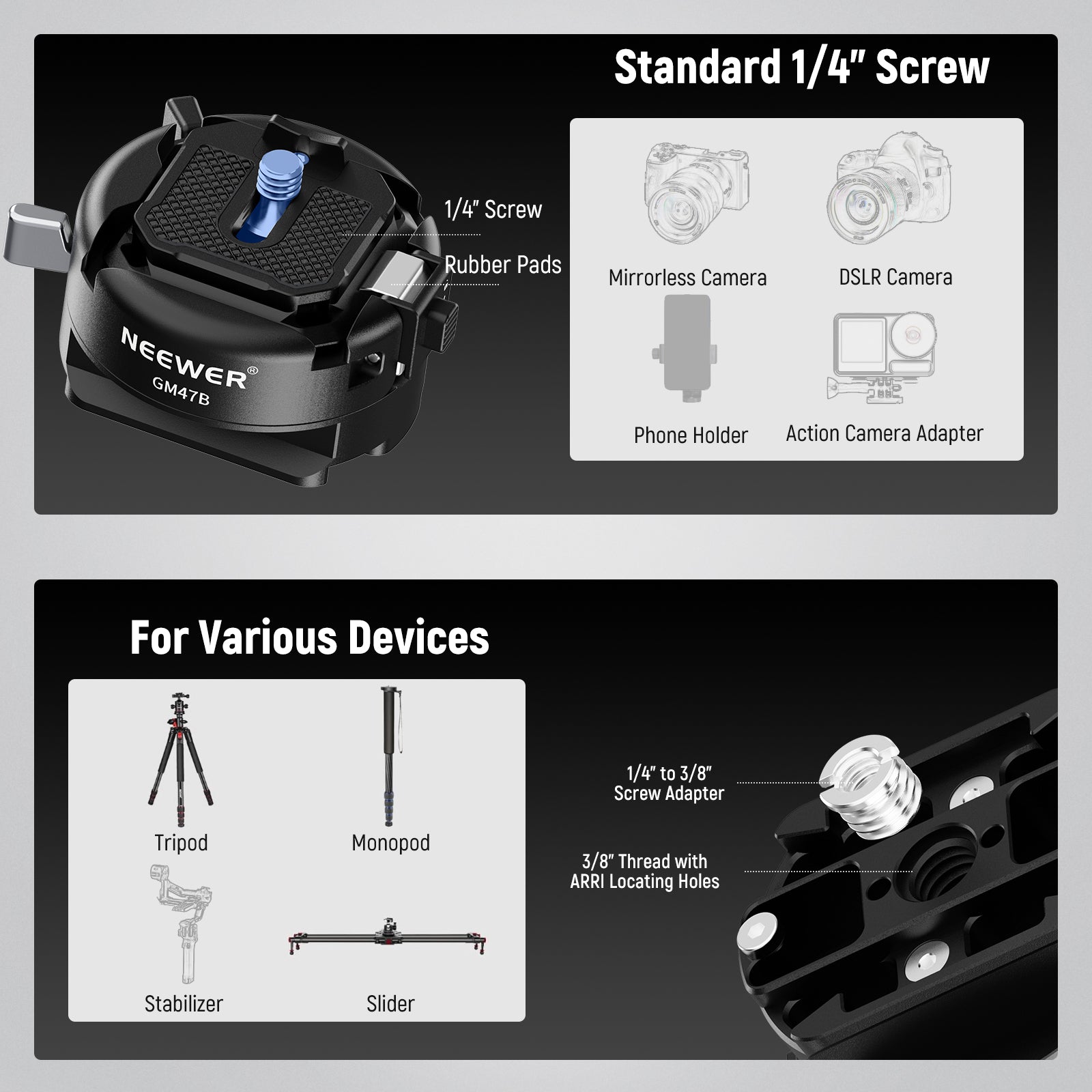 NEEWER GM47B Anti-Twist Quick Release Plate Kit for DSLR & Mirrorless Cameras - Secure Mounting for Photography & Videography