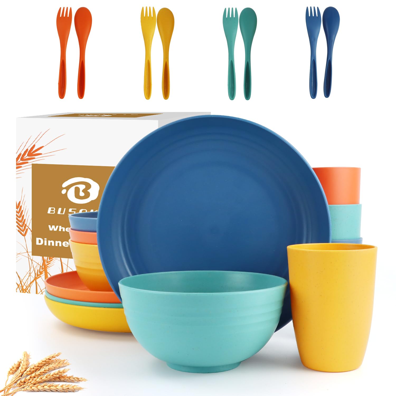 20-Piece Eco-Friendly Wheat Straw Dinnerware Set - Unbreakable Plates & Bowls, Reusable Plastic-Free Alternative - Microwave & Dishwasher Safe - Perfect for Camping, Picnics & Family Dinners (4-Person Set, Multicolor) - Ideal for Outdoor Adventures, Sustainable Living & Everyday Use