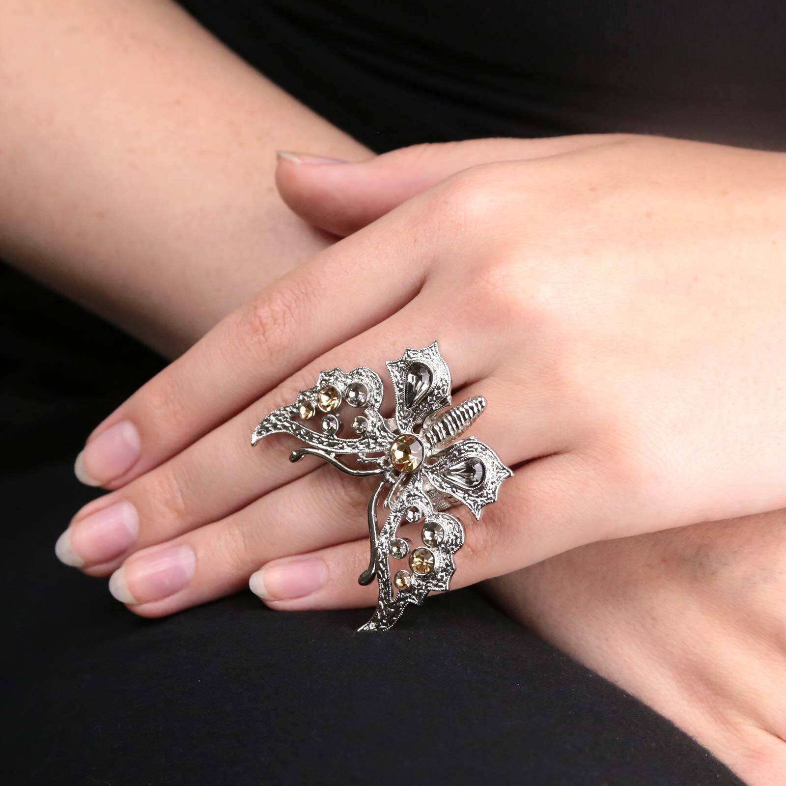 1928 Jewelry Light Topaz & Black Diamond Butterfly Stretch Ring - Elegant Fashion Accessory for Women, Perfect for Parties, Weddings & Everyday Wear
