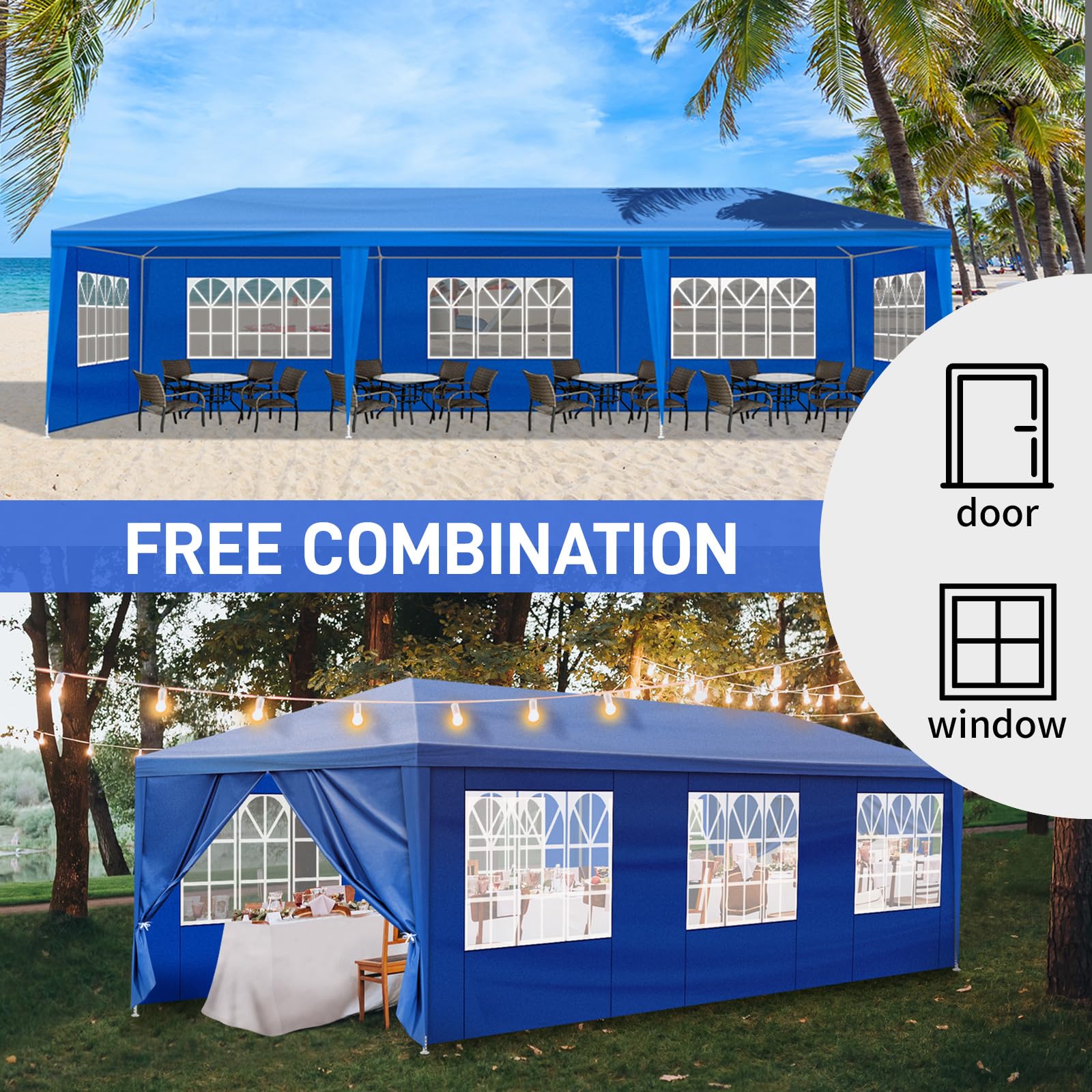 10x30 Blue Outdoor Party Tent with 8 Removable Sidewalls - Waterproof Gazebo Canopy for Weddings, Birthdays, BBQ, Camping & Garden Events - Perfect for Backyard, Patio & Outdoor Gatherings