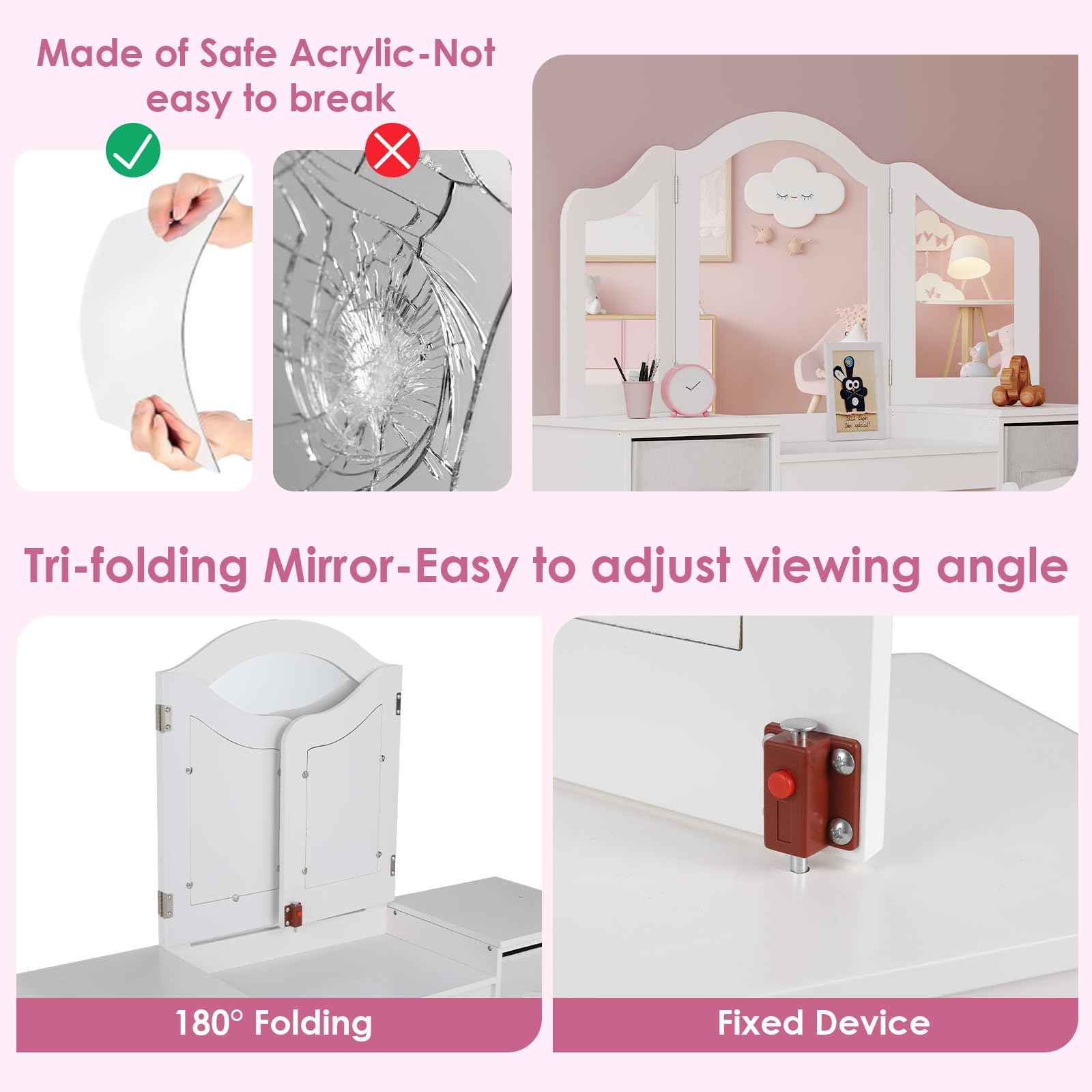 Arlopu Kids Vanity Set - Wooden Princess Dressing Table with Tri-Folding Mirror, Stool & Canvas Drawer for Little Girls (White) | Perfect for Pretend Play, Birthday Gifts & Bedroom Decor