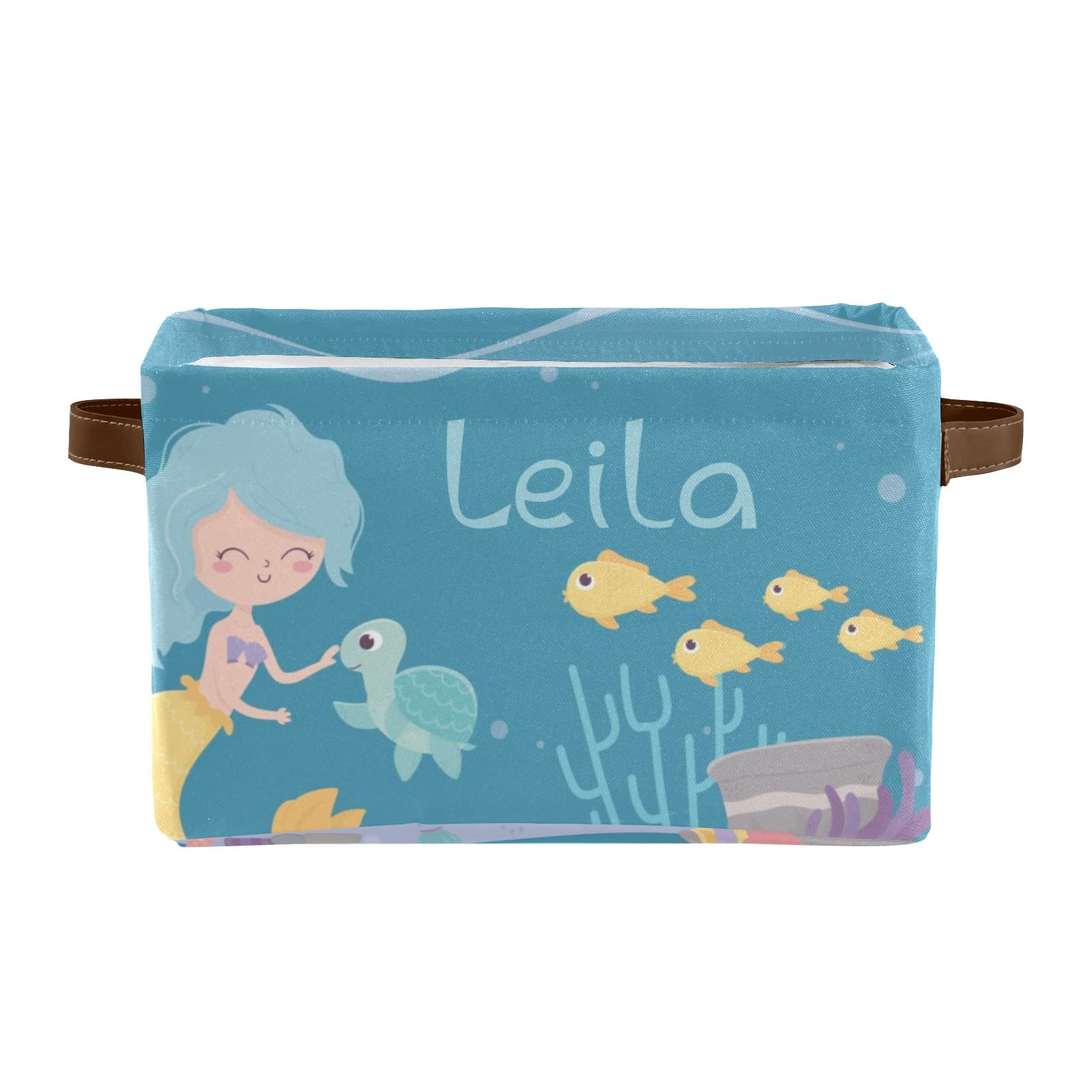 Personalized Mermaid Turtle Coral Storage Bins with Handles - Custom Name Closet Organizer Boxes for Kids Room, Bathroom & Beach Decor (2-Pack) - Perfect for Toy Storage, Shelves Organization and Home Decor