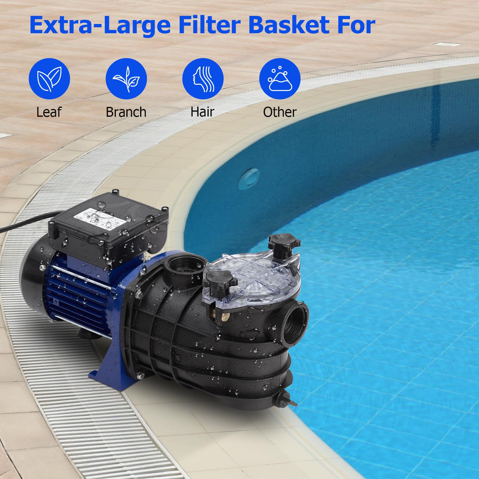 3/4HP In-Ground & Above-Ground Swimming Pool Pump - 550W/115V Single Speed High Flow Water Pump (2641GPH) with Filter Basket - Quiet & Powerful Priming for Family Backyard Pools, Spas & Water Features