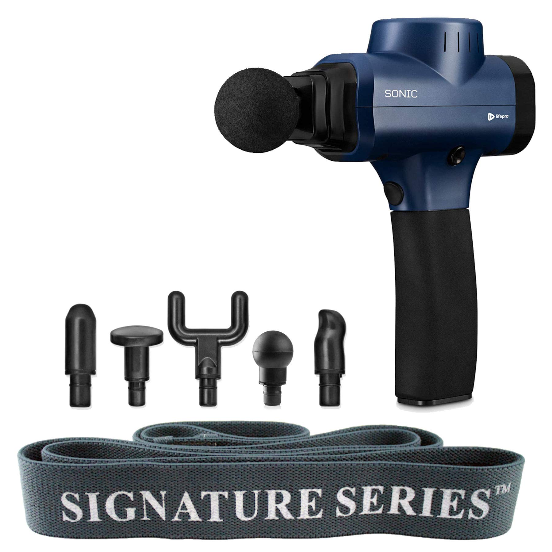 LifePro Fitness Sonic Handheld Percussion Massage Gun - Deep Tissue Massager for Muscle Recovery, Pain Relief & Stiffness (Blue) + Signature Series 6.5’ Stretching Resistance Band for Workout, Yoga & Physical Therapy - Perfect for Athletes, Gym Enthusiasts & Home Use
