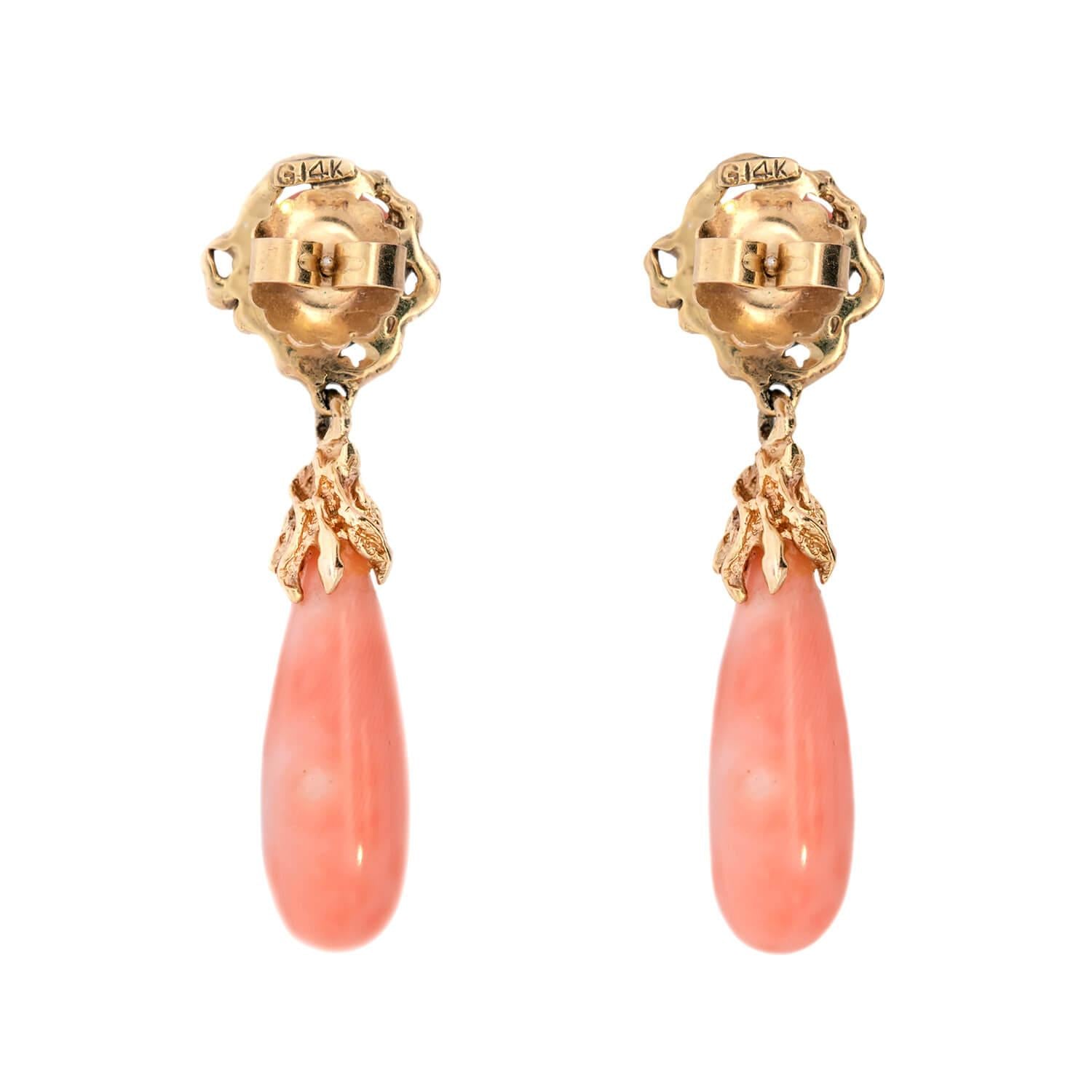 Victorian Style 14k Gold Coral Drop Earrings – Elegant Dangle Earrings for Women, Perfect for Weddings, Parties & Special Occasions