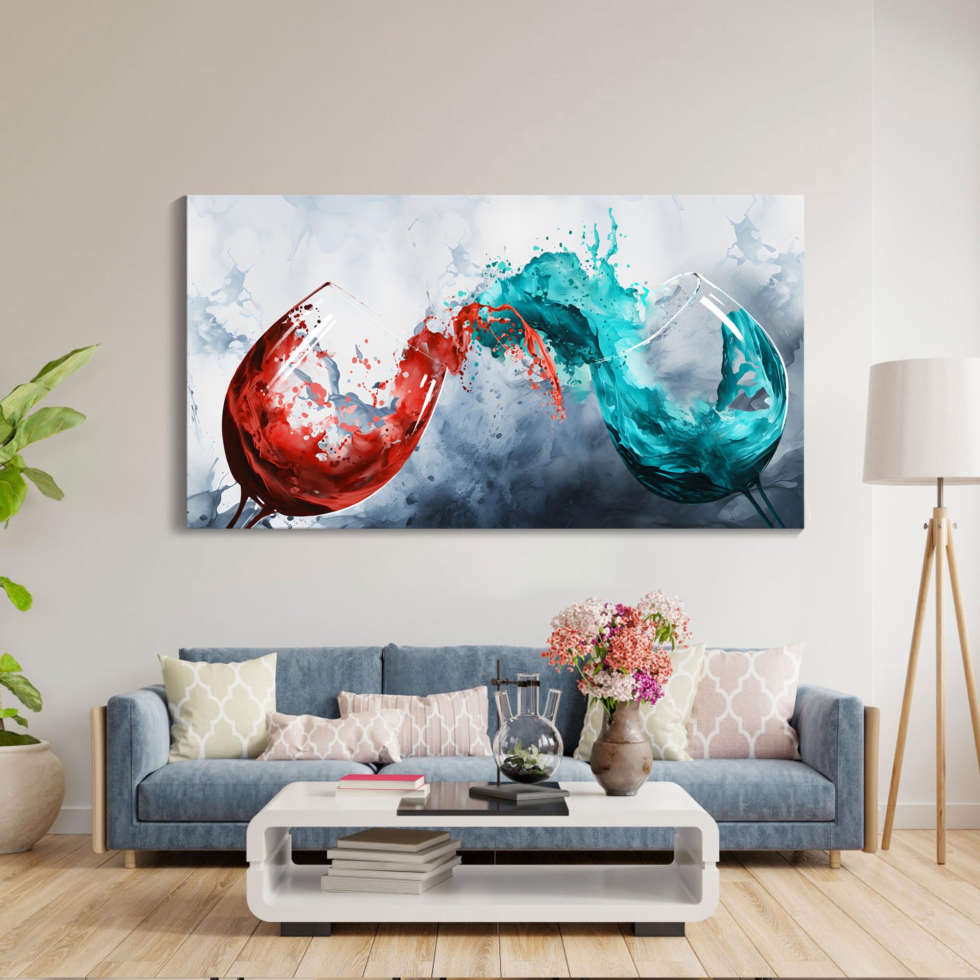 Modern Wine Glass Canvas Wall Art - Blue & Red Wine Cups Painting for Dining Room, Kitchen & Office Decor - 30x60 Inch Contemporary Wall Art - Perfect for Home, Restaurant & Bar Decorations