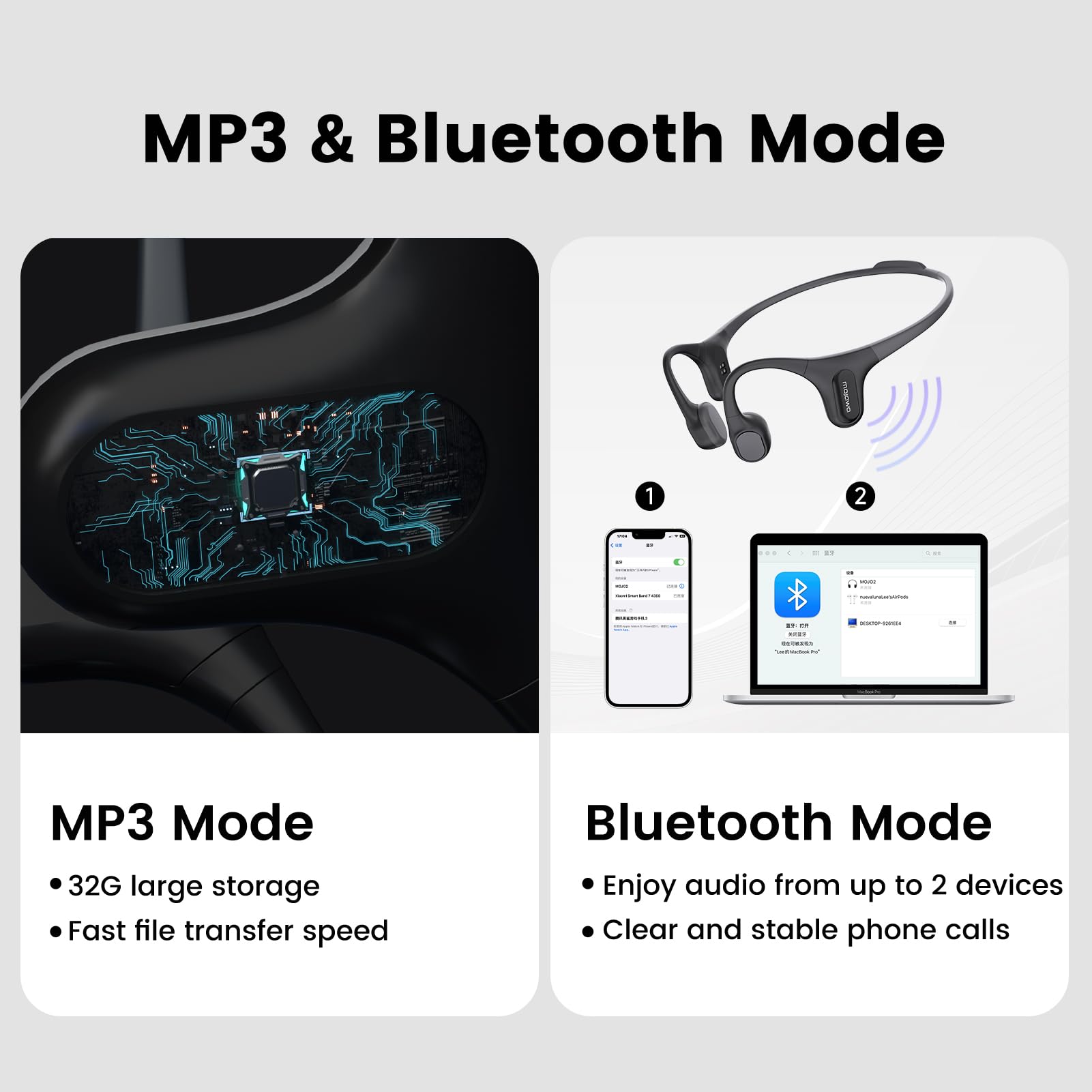 Mojawa Run Plus Bone Conduction Headphones - IP68 Waterproof Wireless Bluetooth 5.2 Open-Ear Headphones with 32GB MP3 Player, Secure Fit for Running, Swimming, Cycling & Gym Workouts - Grey | Perfect for Outdoor Sports, Fitness Training & Water Activities