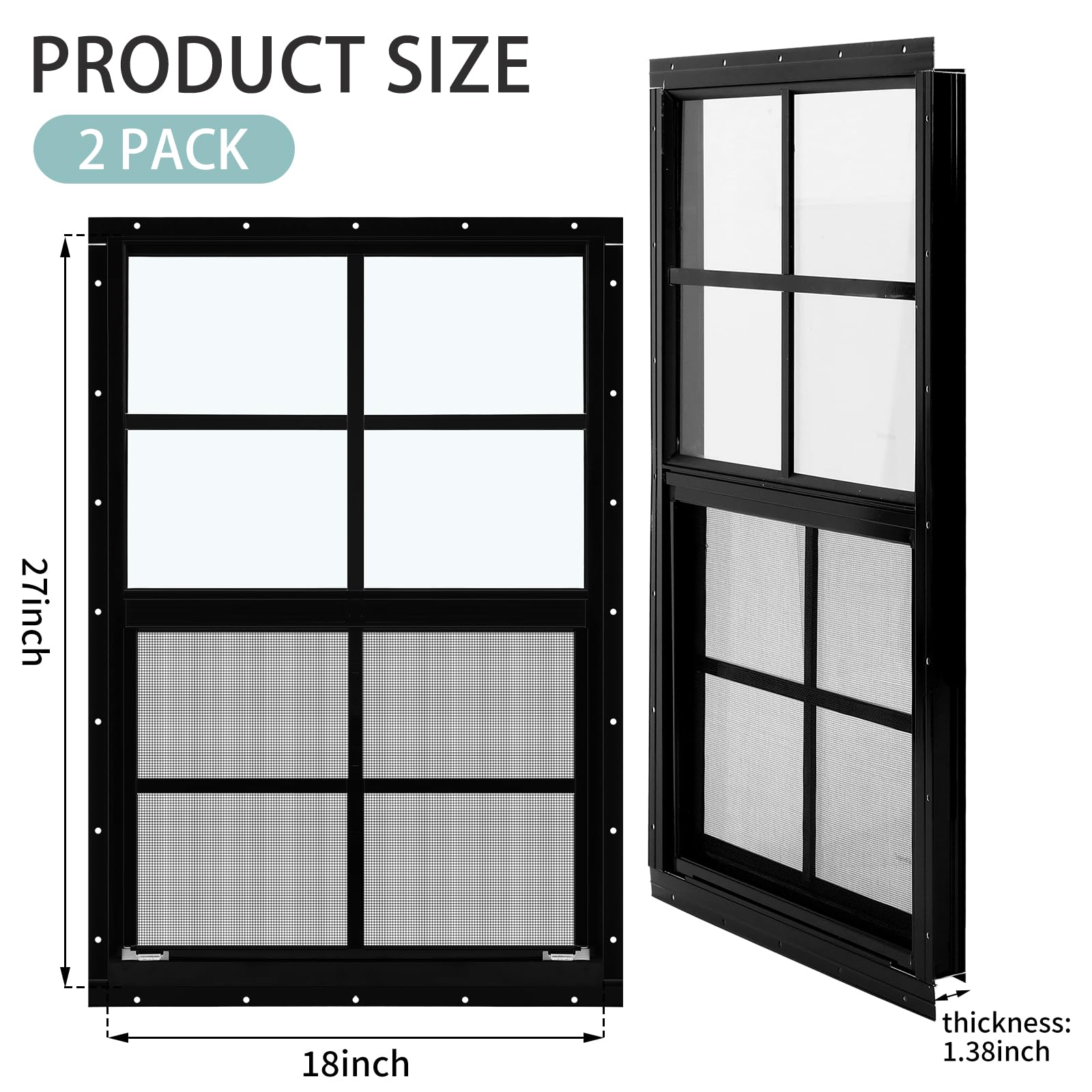 Tandefio 2 Pack 18x27 Inch Black Flush Mount Shed Windows with Tempered Glass & Screen - Vertical Sliding Windows with Hardware for Chicken Coops, Barns, Sheds & Outdoor Buildings - Weatherproof & Durable Design for Farmhouse, Backyard & Garden Use