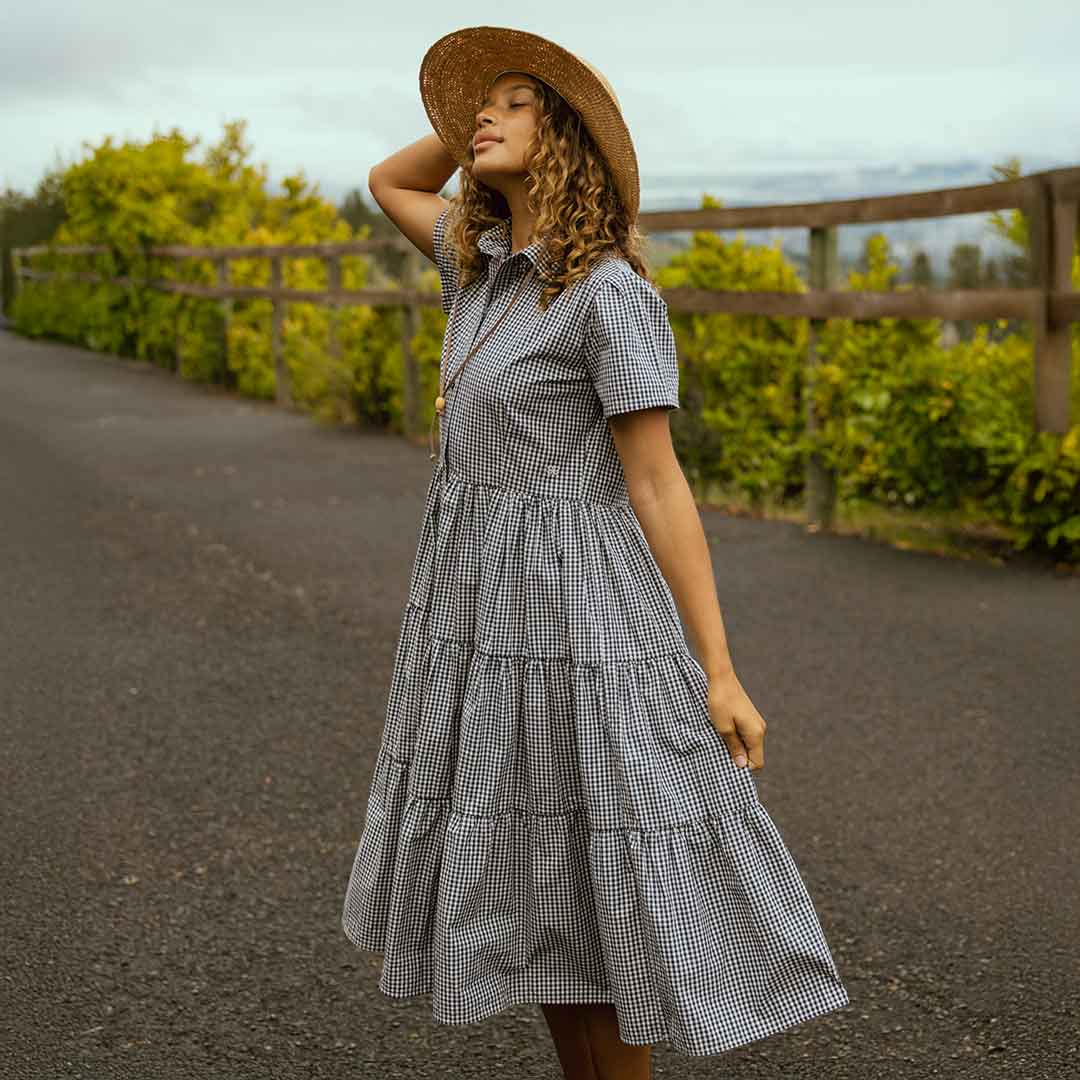 Arroyo Dress in Navy Gingham - Flowy Summer Dress for Women | Perfect for Beach Vacations, Picnics & Casual Outings