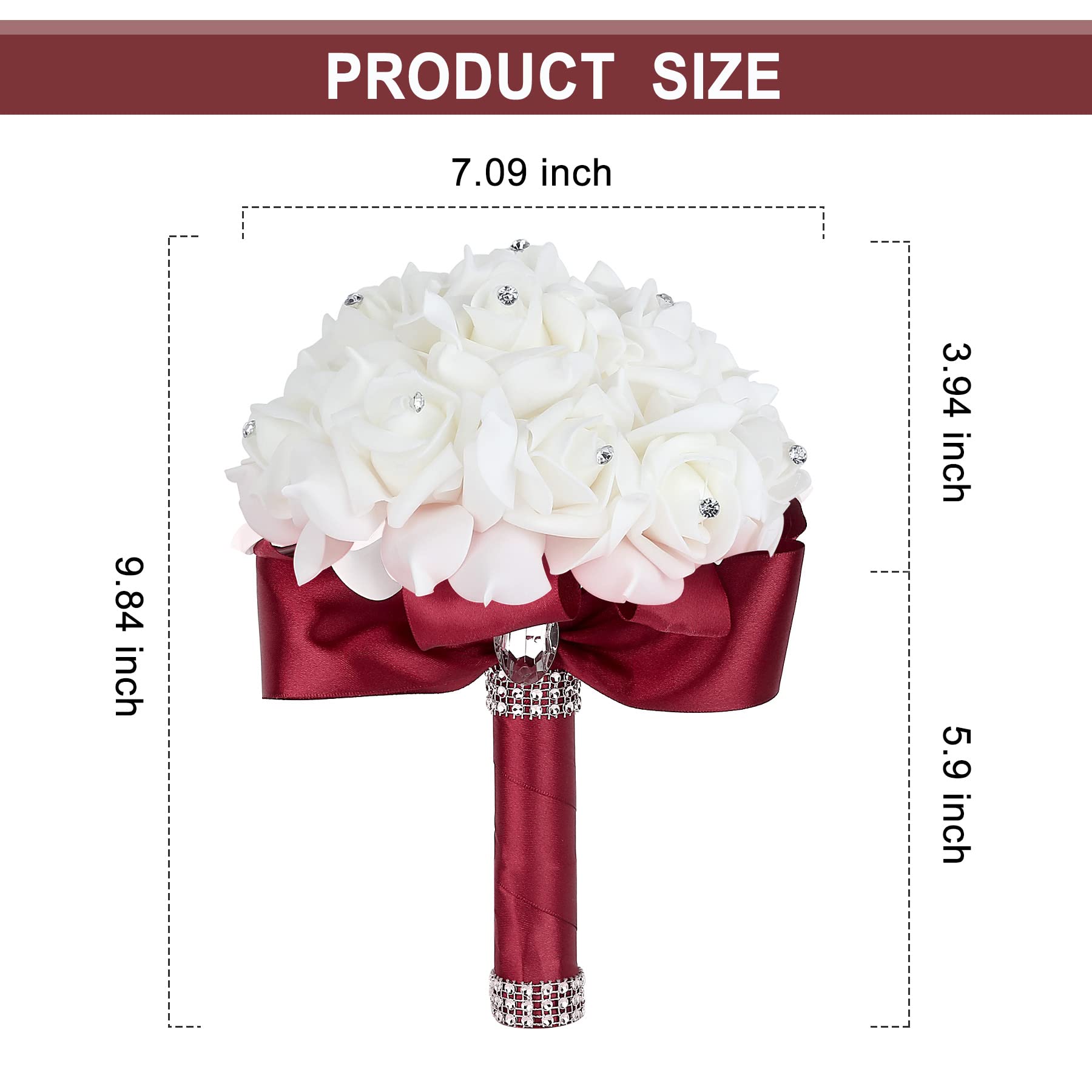 Elegant Burgundy Silk Rose Bridal Bouquet with Crystals - Perfect for Brides, Bridesmaids & Wedding Toss Bouquet - Burgundy & White Wedding Party Flowers for Ceremonies, Receptions & Photo Shoots