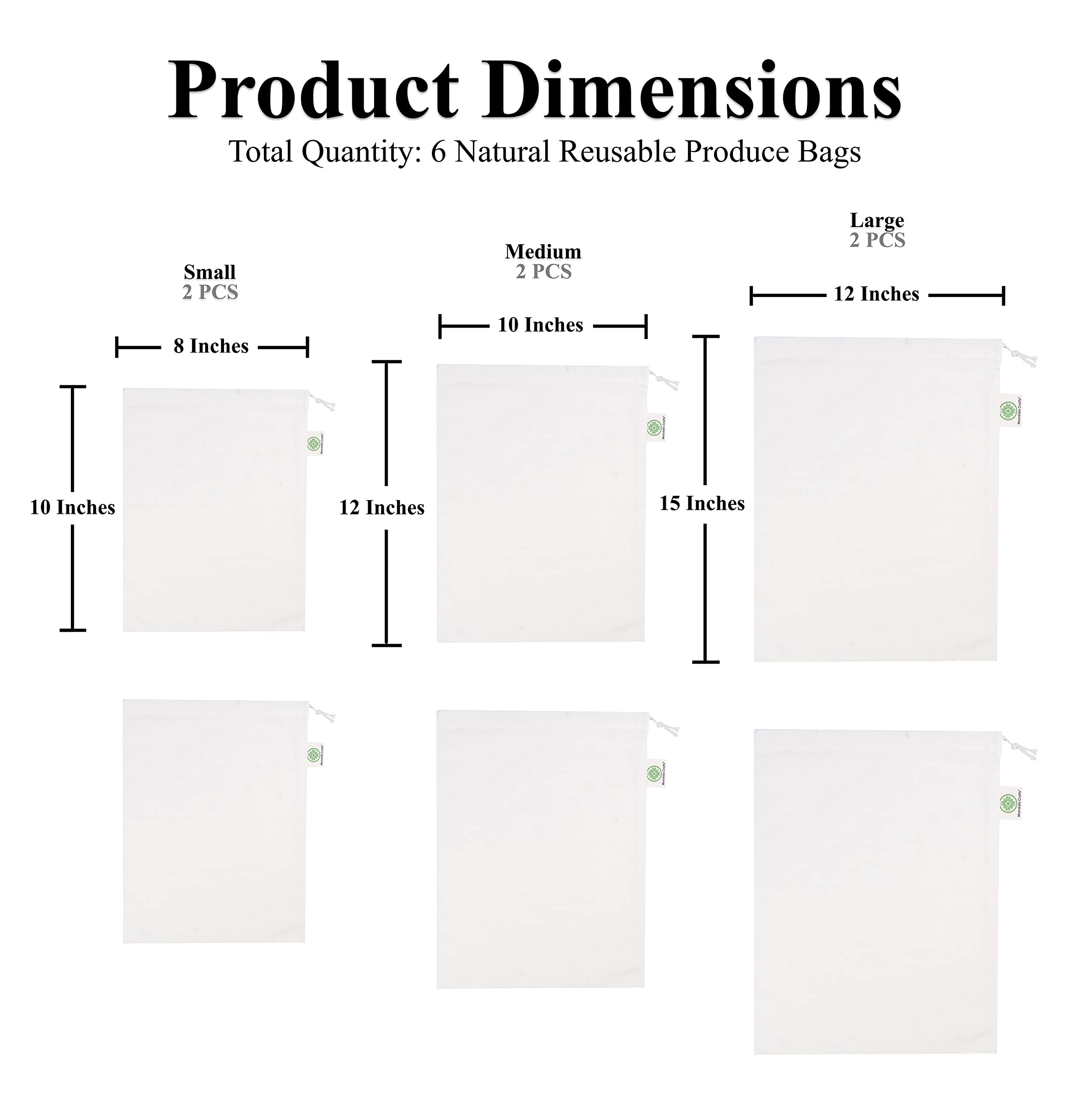 Eco-Friendly Reusable Organic Cotton Produce Bags - 6 Pack Muslin Drawstring Bags for Grocery Shopping, Food Storage & Refrigerator Organization - Perfect for Vegetables, Fruits, Bread & Gifts